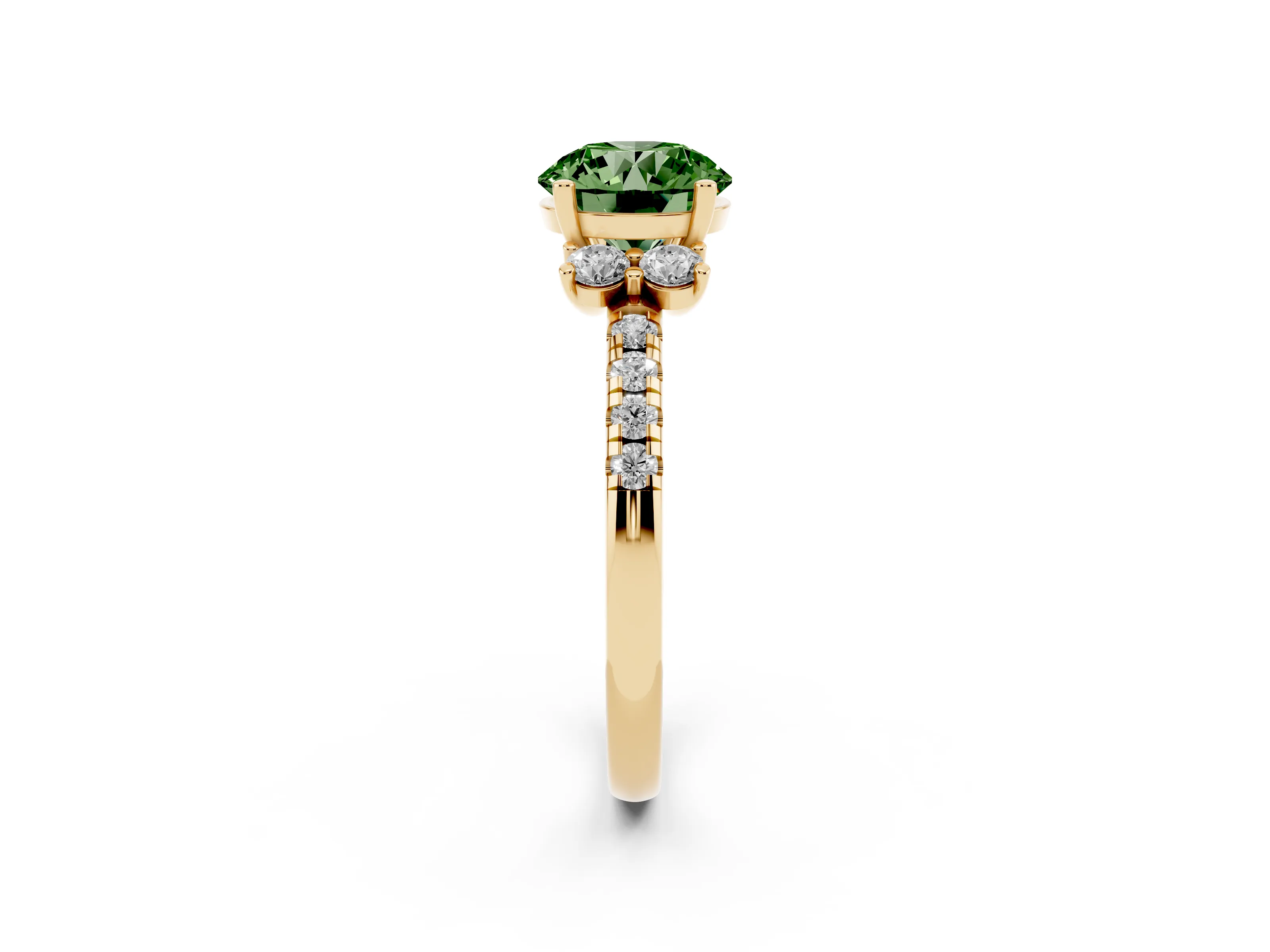 Fancy Green Round Cut Diamond Three-Stone Pavé Ring Set in Yellow gold with Prong Setting