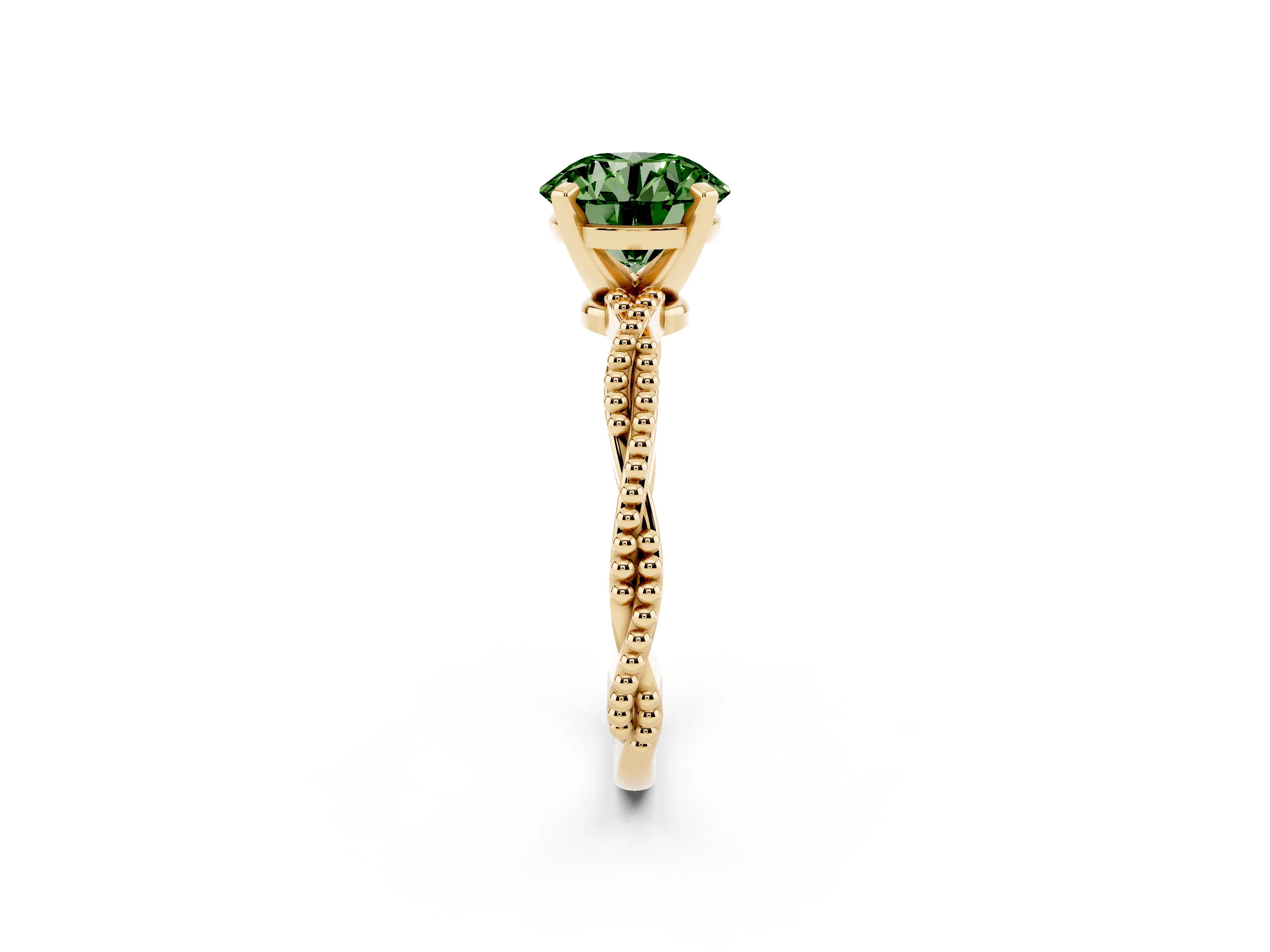 Fancy Green Round Cut Diamond Solitaire Ring Set in Yellow gold with Twisted Band and Bead Prong Setting