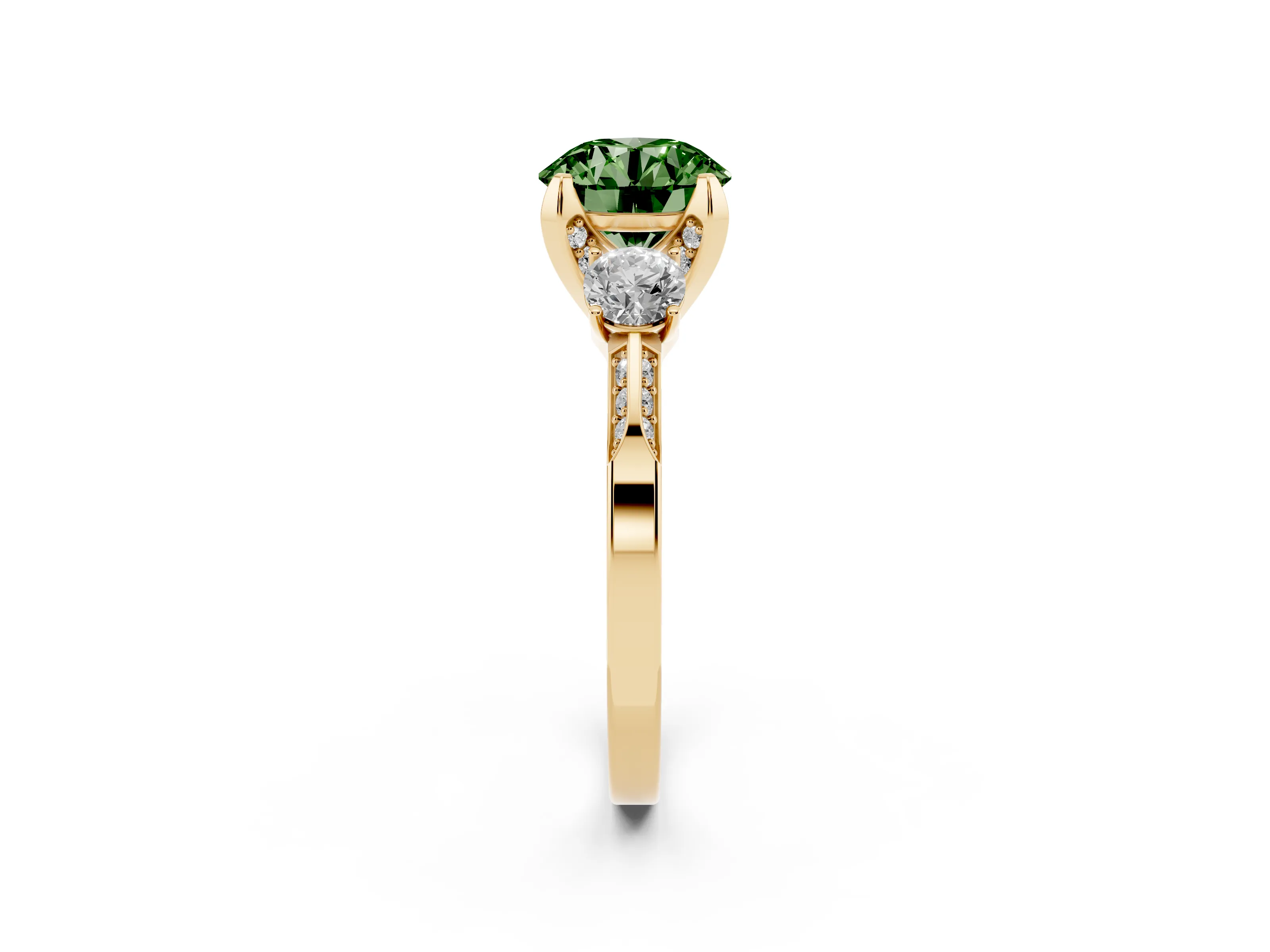 Fancy Green Round Cut Diamond Three-Stone Ring Set in Yellow gold with Pavé Band and Smaller Side Stones