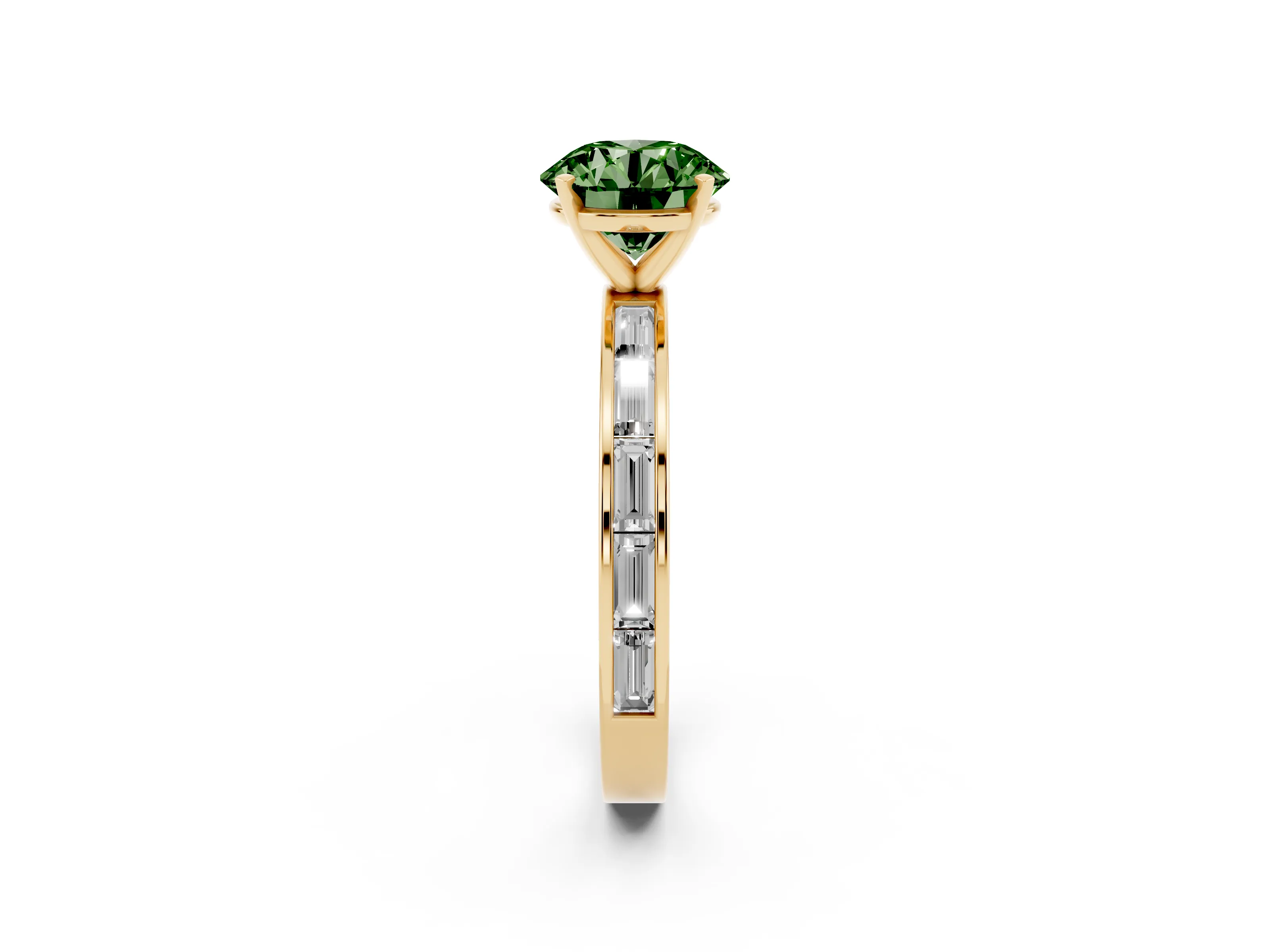 Fancy Green Round Cut Diamond Solitaire Ring Set in Yellow gold with Channel-Set Baguette Band and Prong Setting