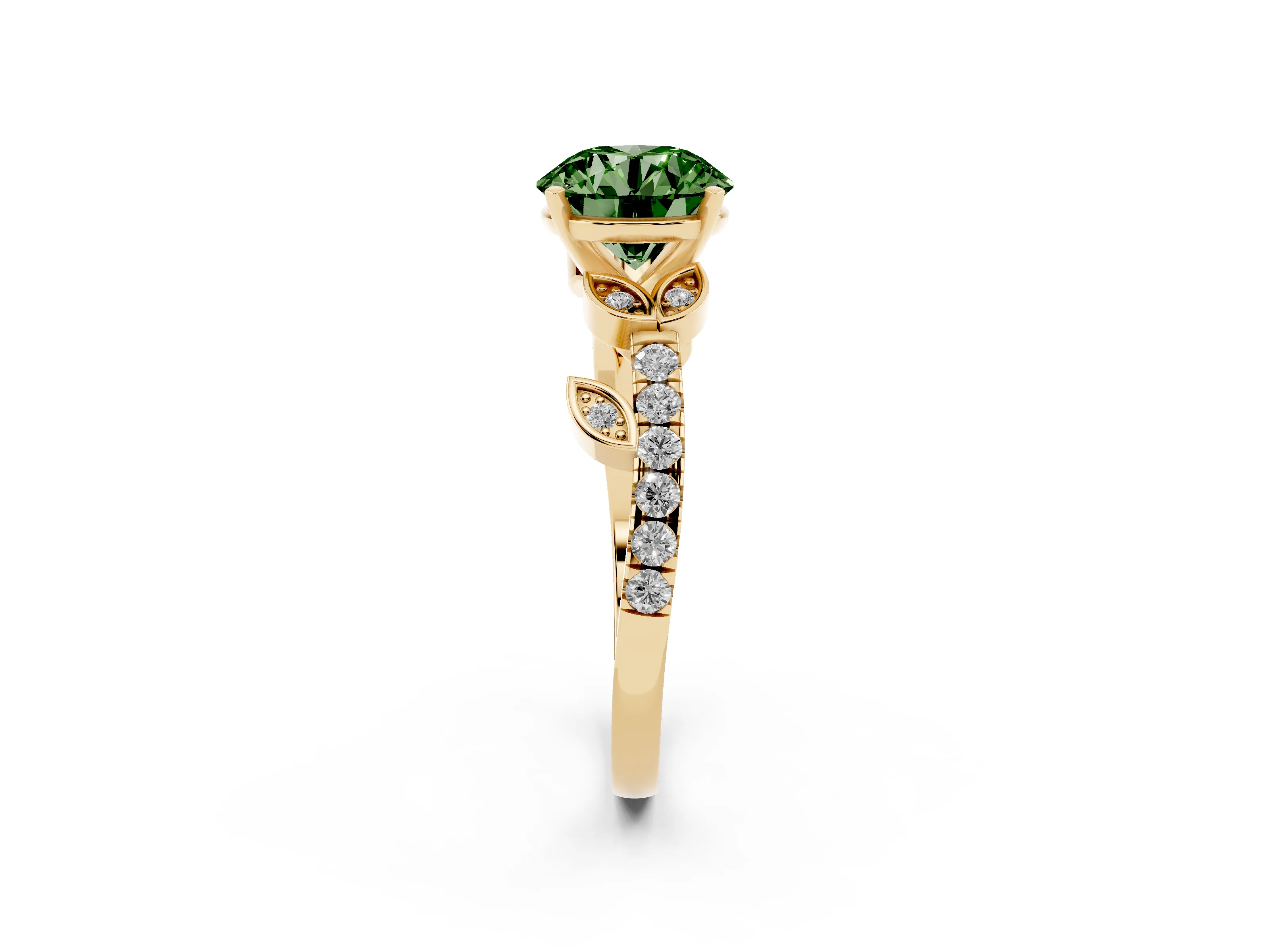 Fancy Green Round Cut Diamond Solitaire Leaf-Inspired Ring Set in Yellow gold with Pavé Band and Prong Setting