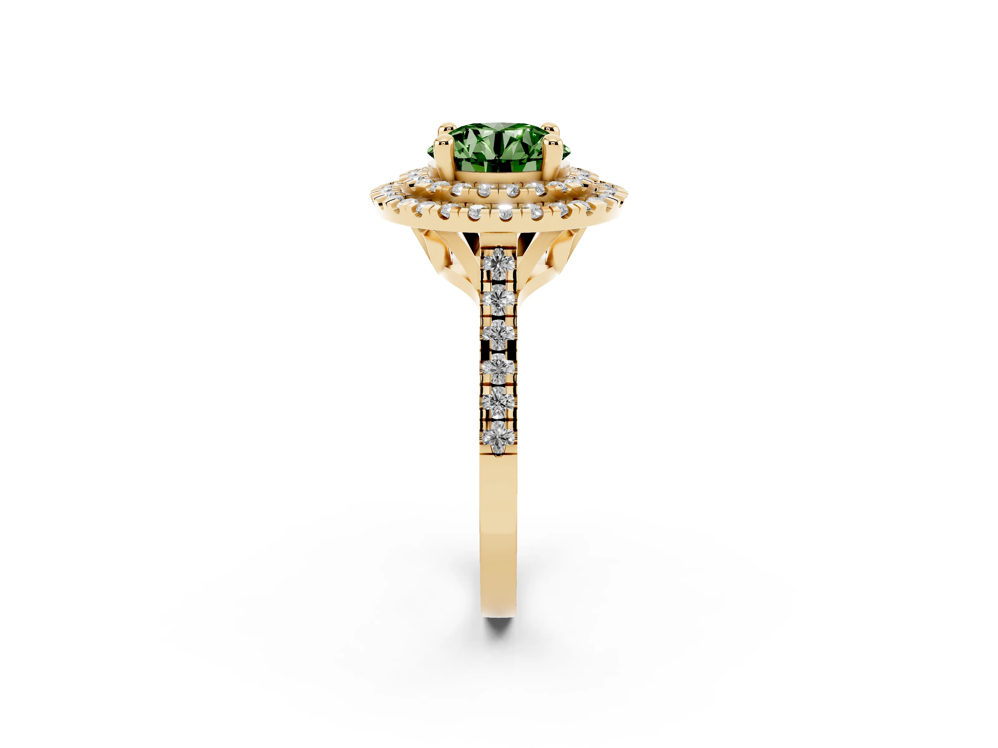 Fancy Green Round Cut Diamond Double Halo Statement Ring Set in Yellow gold with Pavé Band