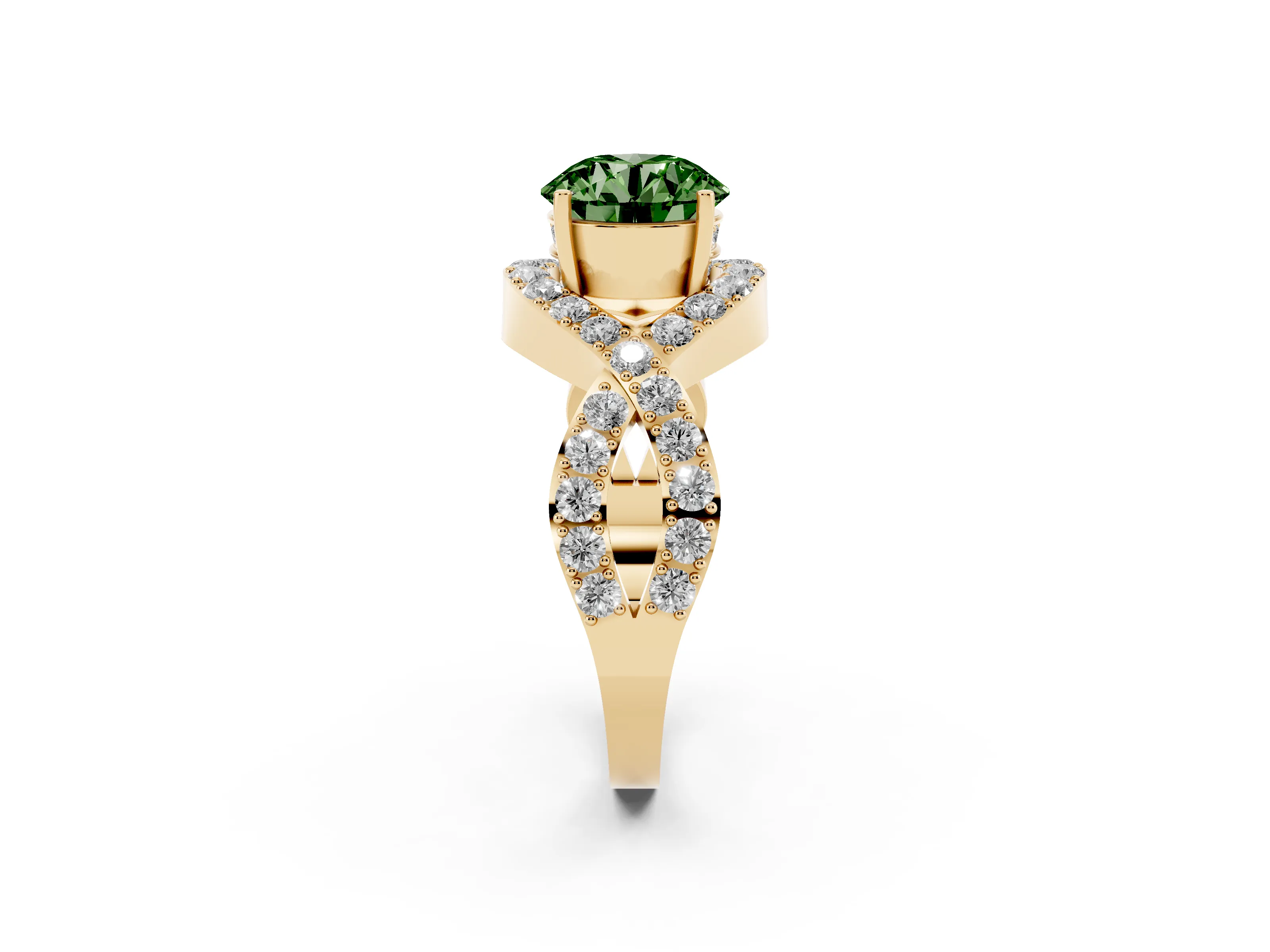 Fancy Green Round Cut Diamond Solitaire Twist Band Pavé Engagement Ring Set in Yellow gold