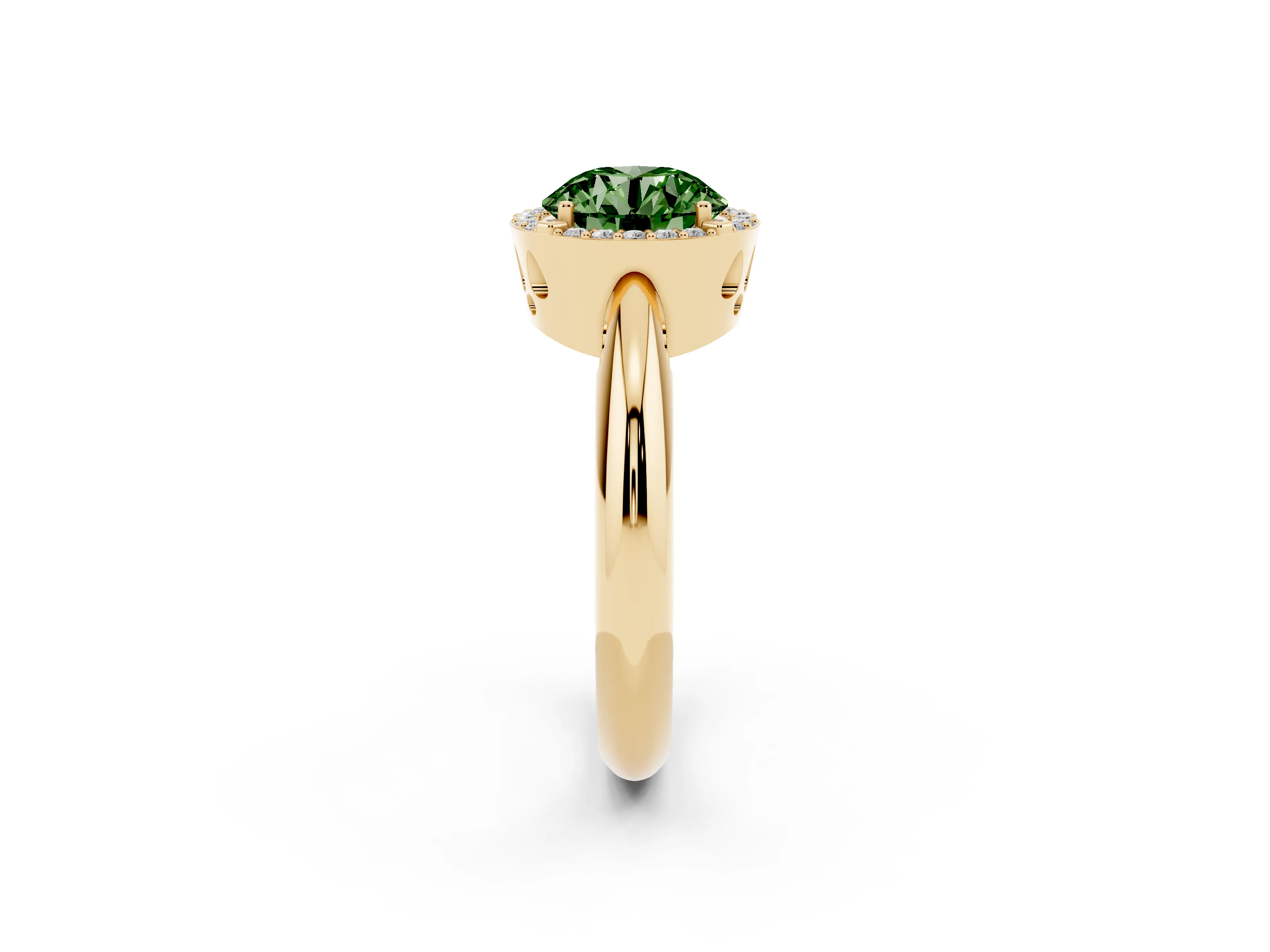 Fancy Green Round Cut Diamond Halo Engagement Ring Set in Yellow gold with Plain Split Shank and Prong Setting