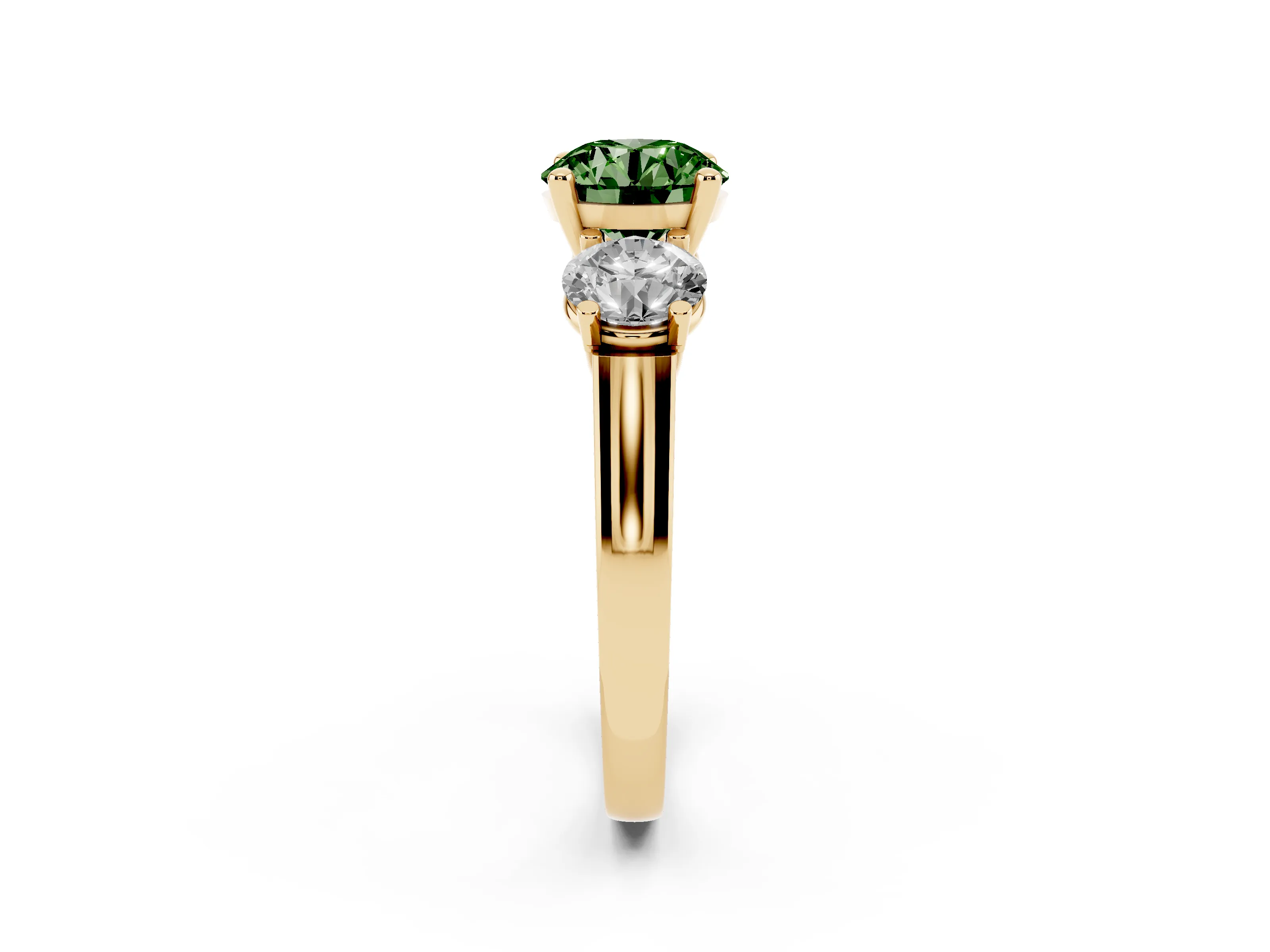 Fancy Green Round Cut Diamond Three-Stone Trellis Ring Set in Yellow gold with Comfort Fit Band