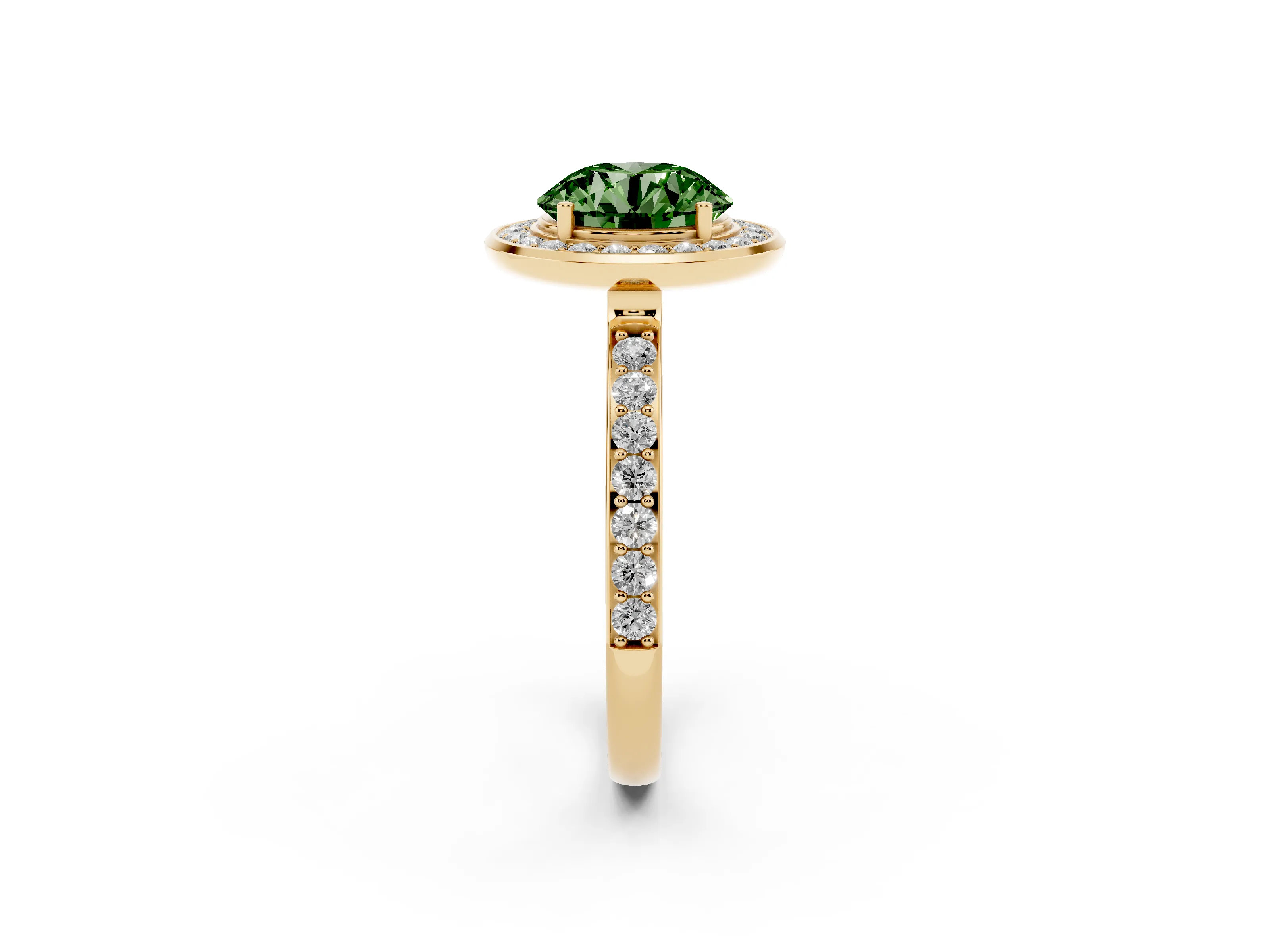 Fancy Green Round Cut Diamond Halo Ring Set in Yellow gold with Bezel Frame and Pavé Band