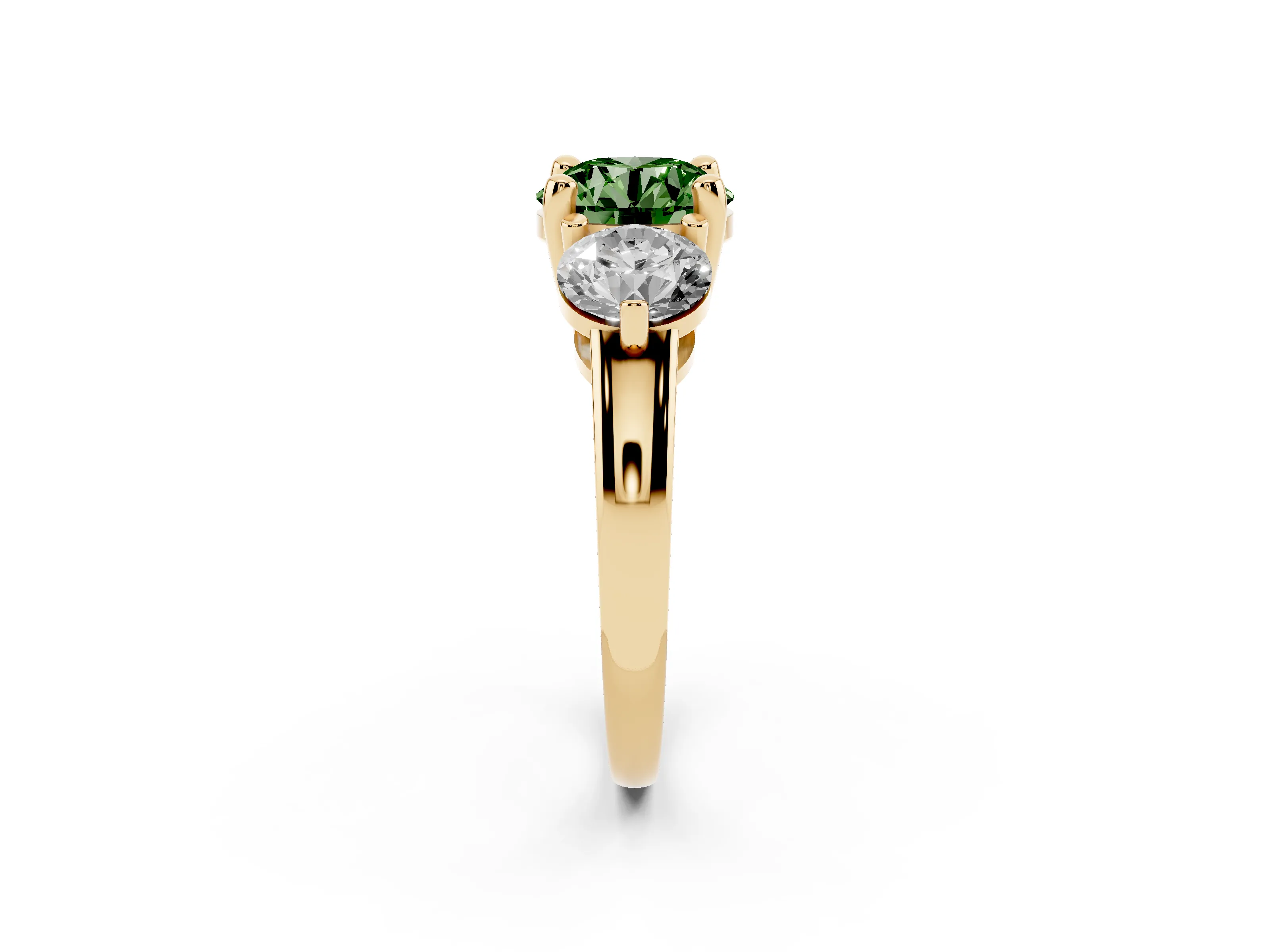 Fancy Green Round Cut Diamond Three-Stone Ring Set in Yellow gold with Prong Setting and Classic Band
