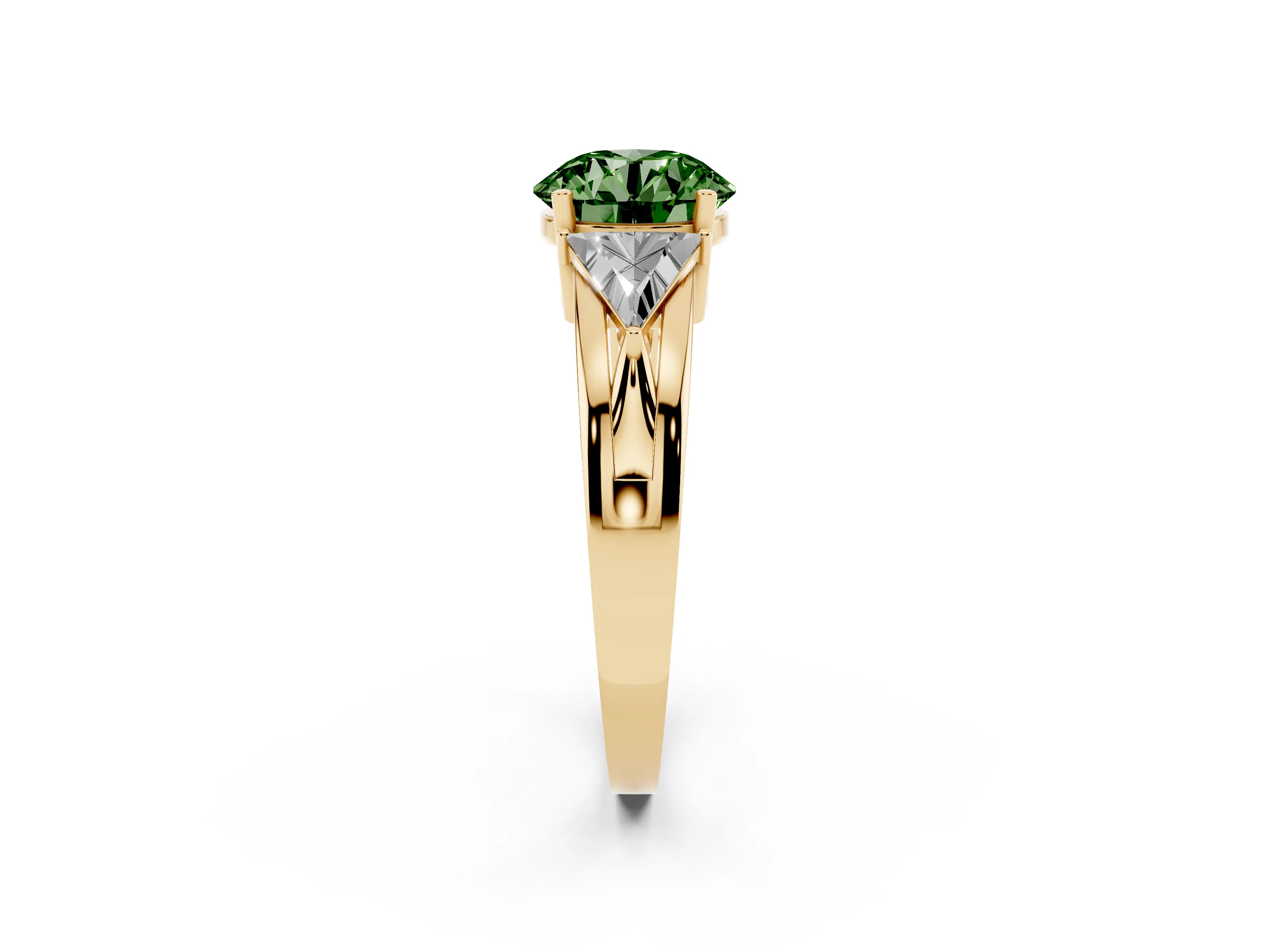 Fancy Green Round Cut Diamond Three-Stone Ring Set in Yellow gold with Trillion Side Stones and Split Shank