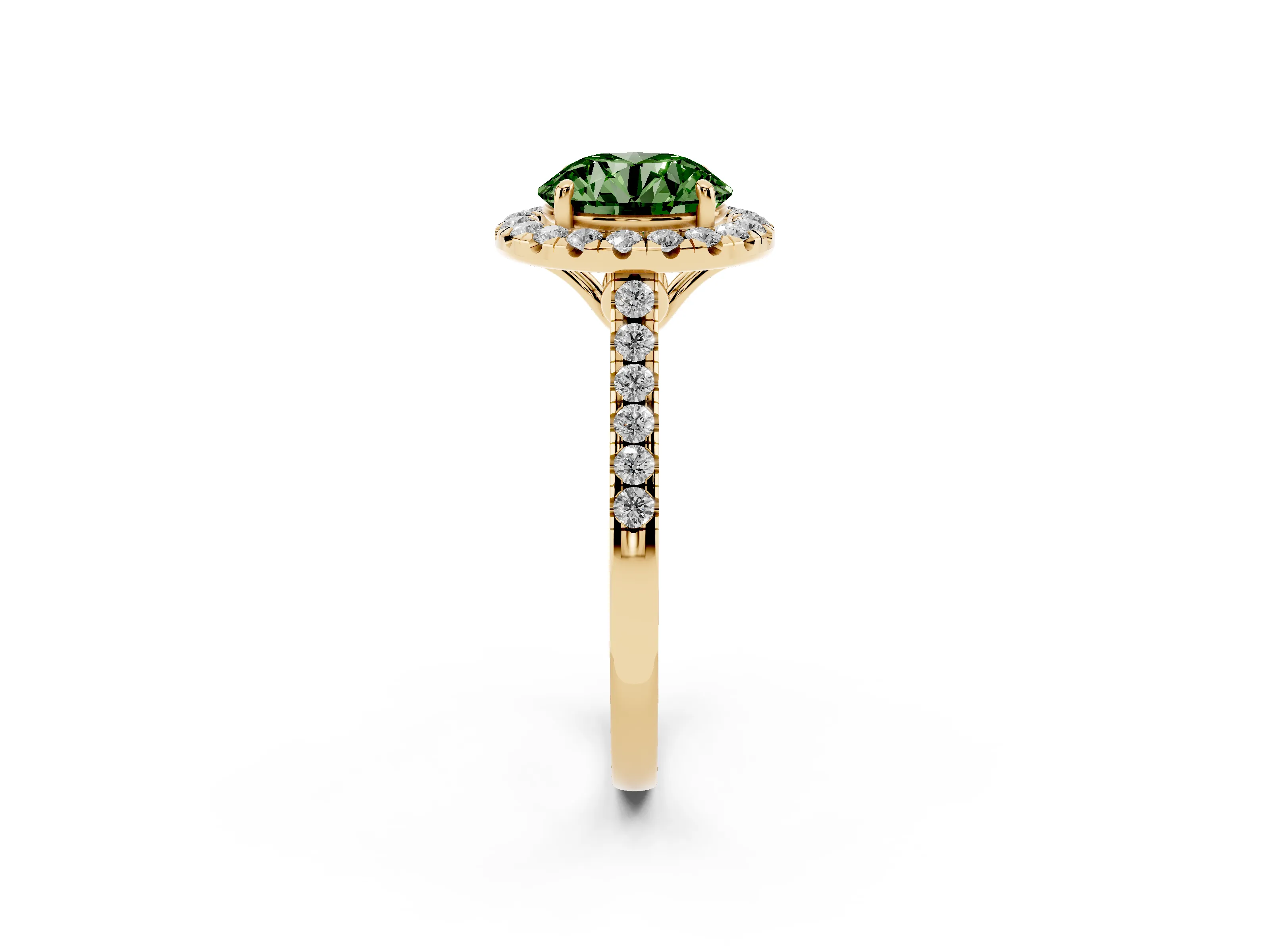 Fancy Green Round Cut Diamond Pavé Halo Engagement Ring Set in Yellow gold with Pavé Band and Prong Setting