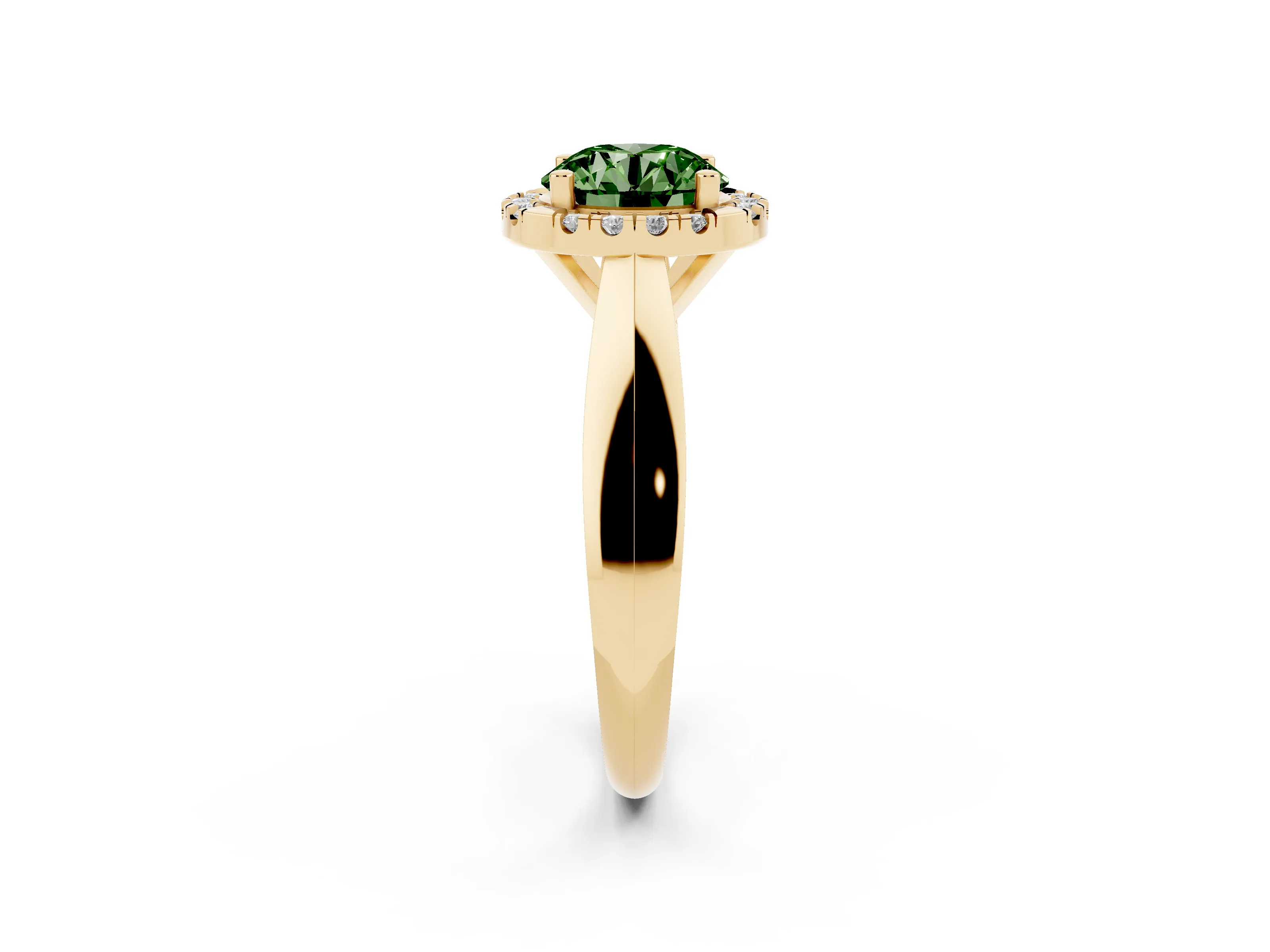 Fancy Green Round Cut Diamond Halo Solitaire Engagement Ring Set in Yellow gold with Square Band and Prong Setting