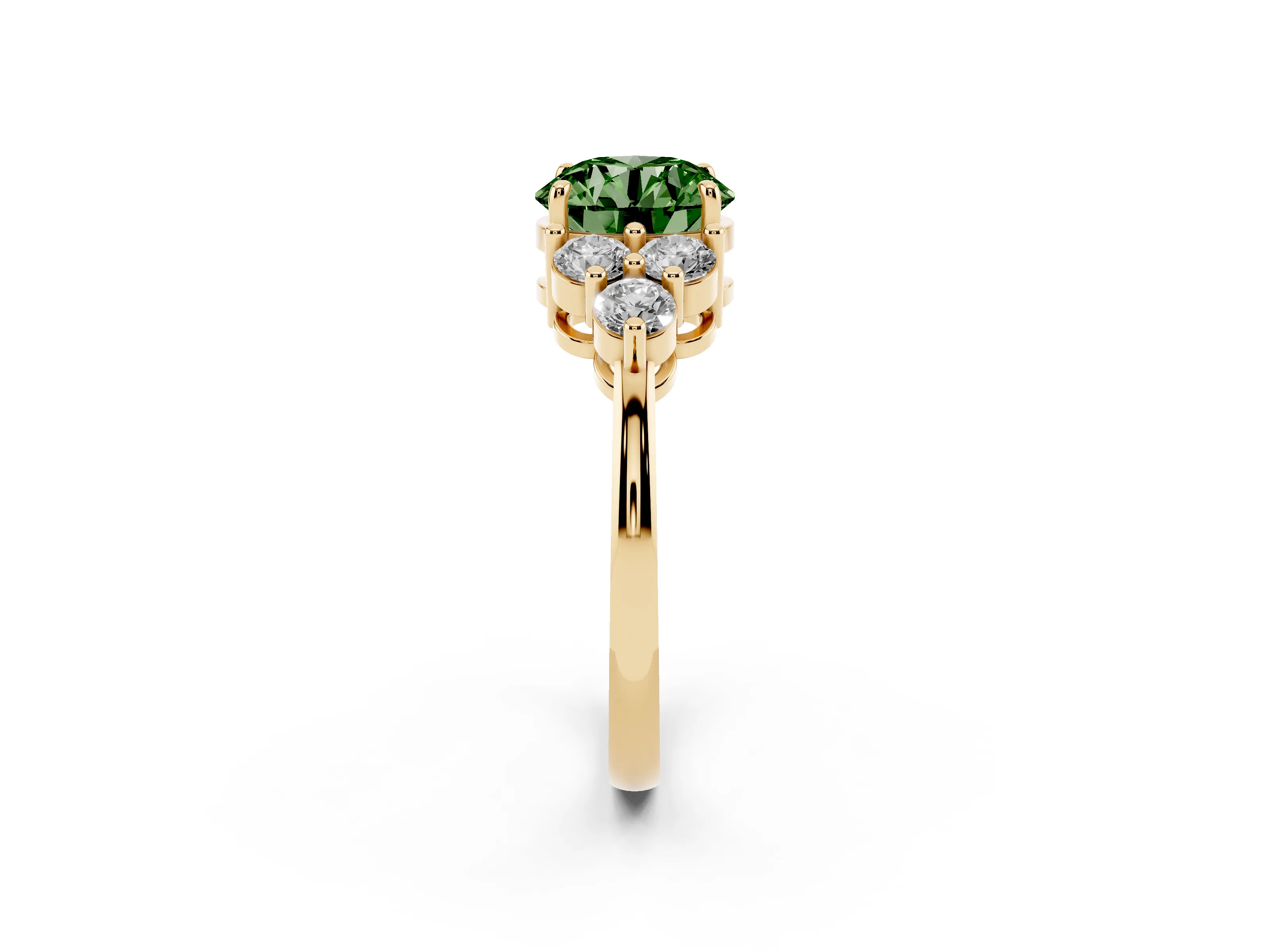 Fancy Green Round Cut Diamond Solitaire Ring Set in Yellow gold with Cluster Accents on Each Side