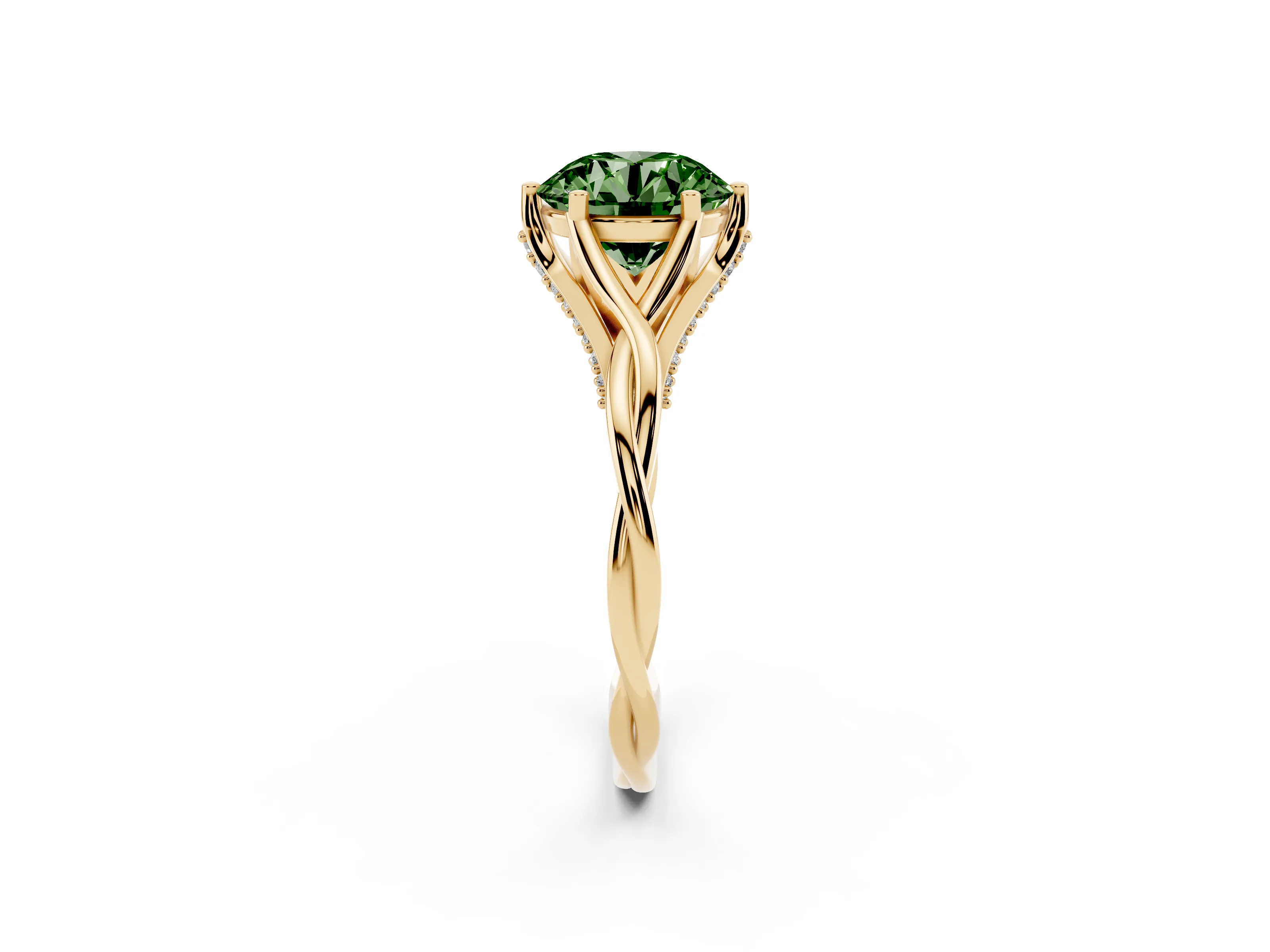 Fancy Green Round Cut Diamond Intertwined Twist Band Solitaire Ring Set in Yellow gold with Prong Setting