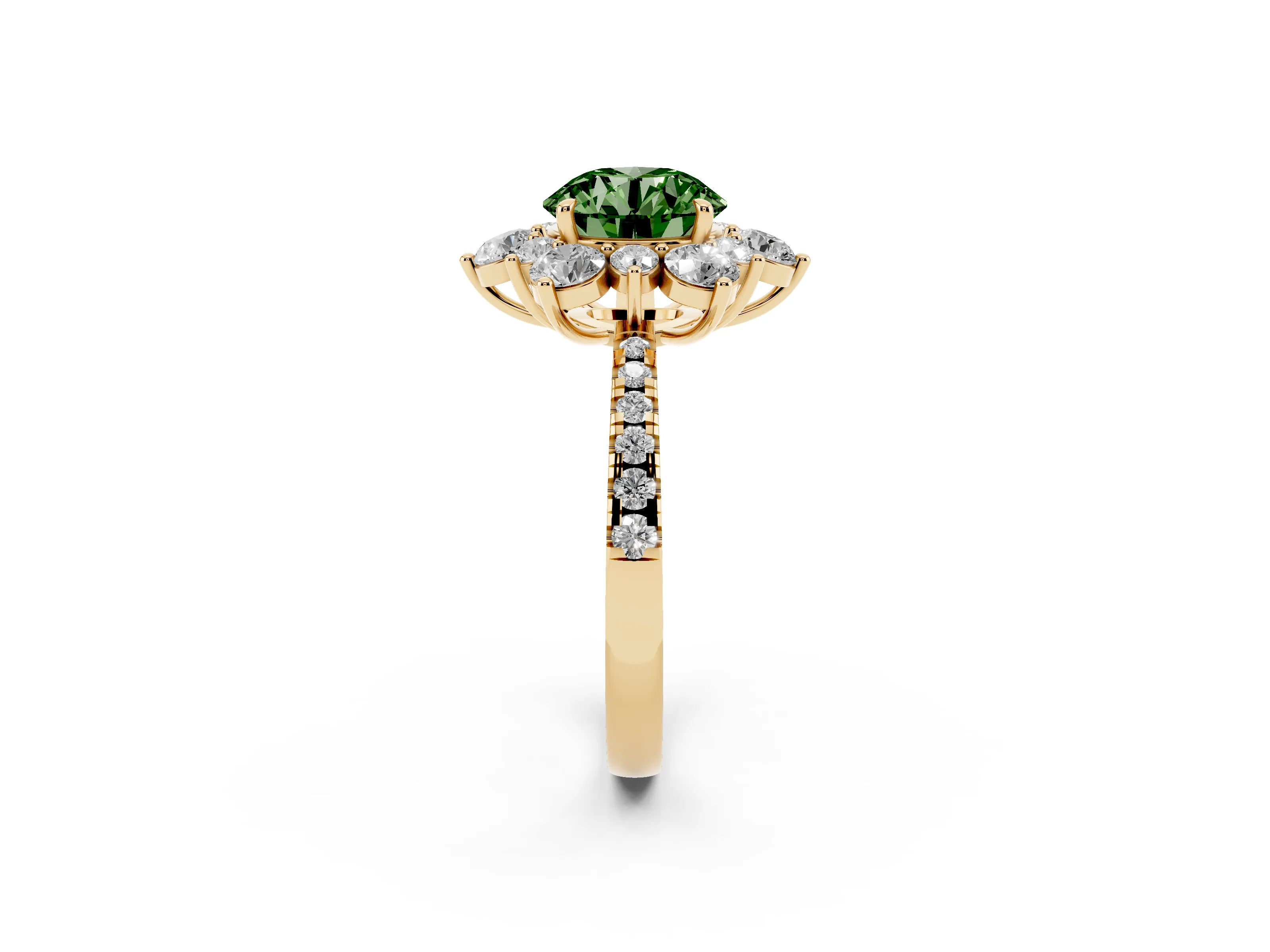 Fancy Green Round Cut Diamond Floral Halo Ring Set in Yellow gold with Round Pavé Band and Prong Setting