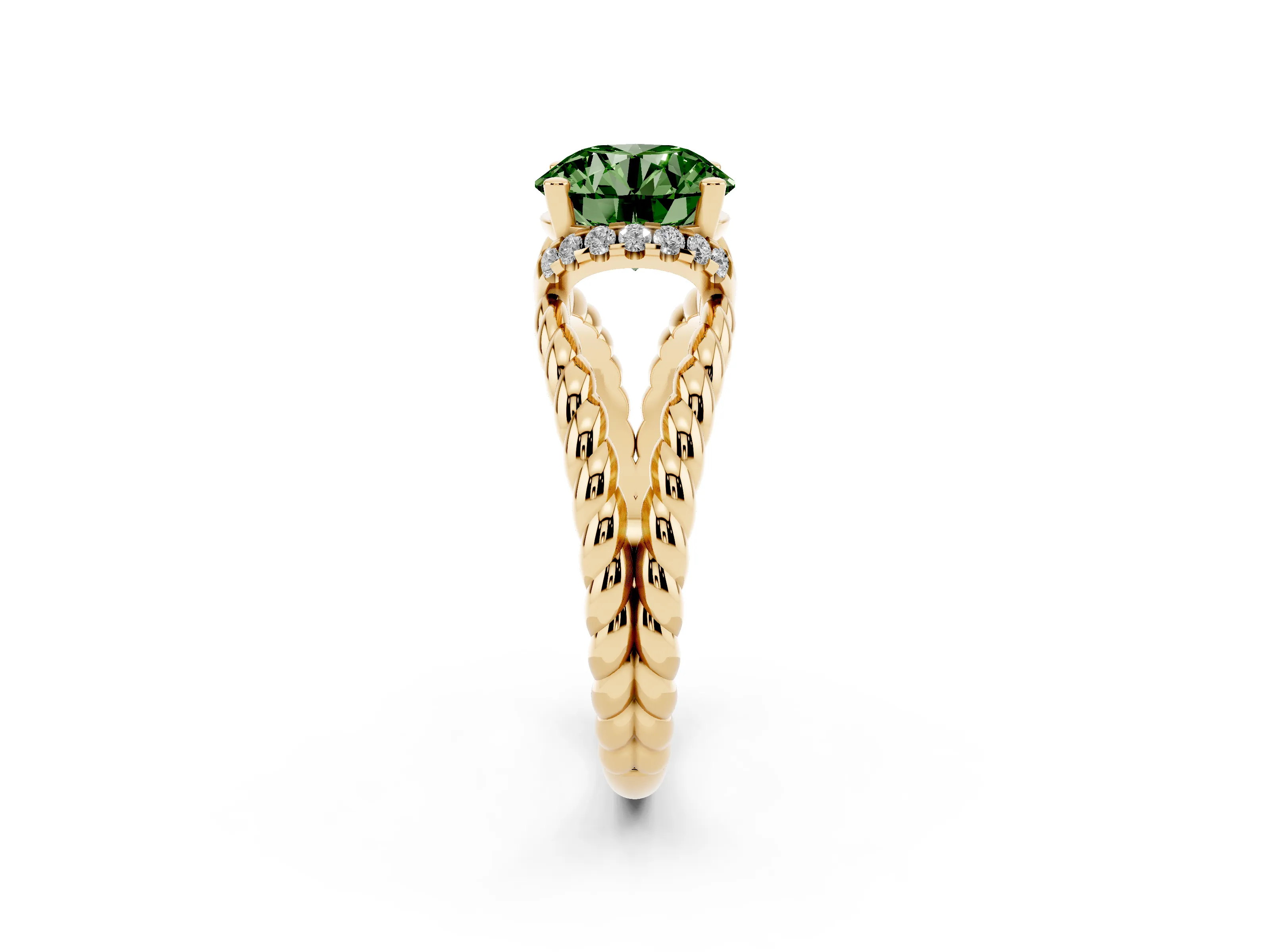 Fancy Green Round Cut Diamond Halo Ring Set in Yellow gold with Twisted Band and Prong Setting