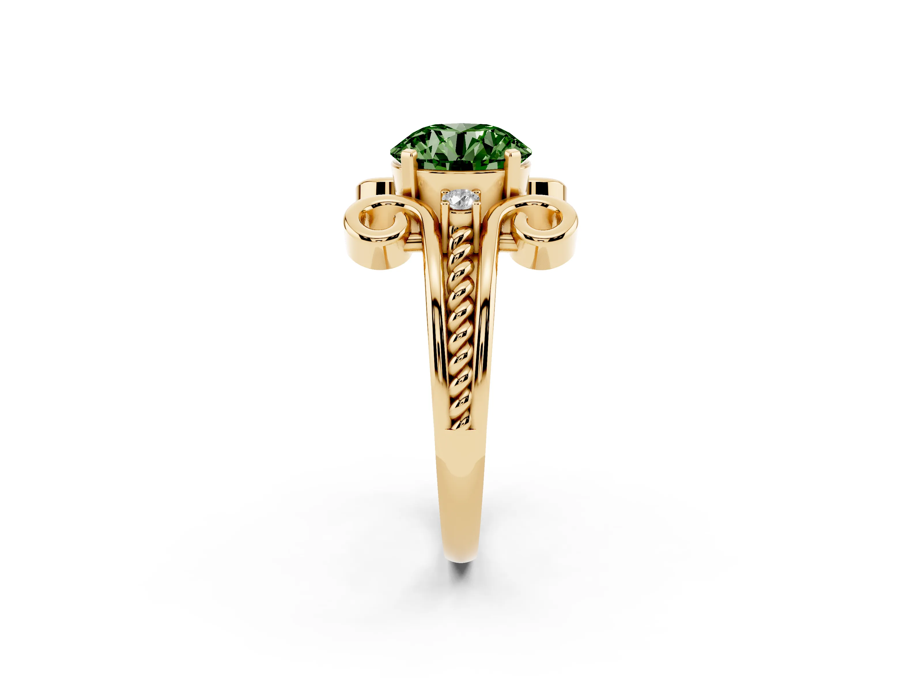 Fancy Green Round Cut Diamond Twisted Band Solitaire Ring Set in Yellow gold with Scroll Prongs