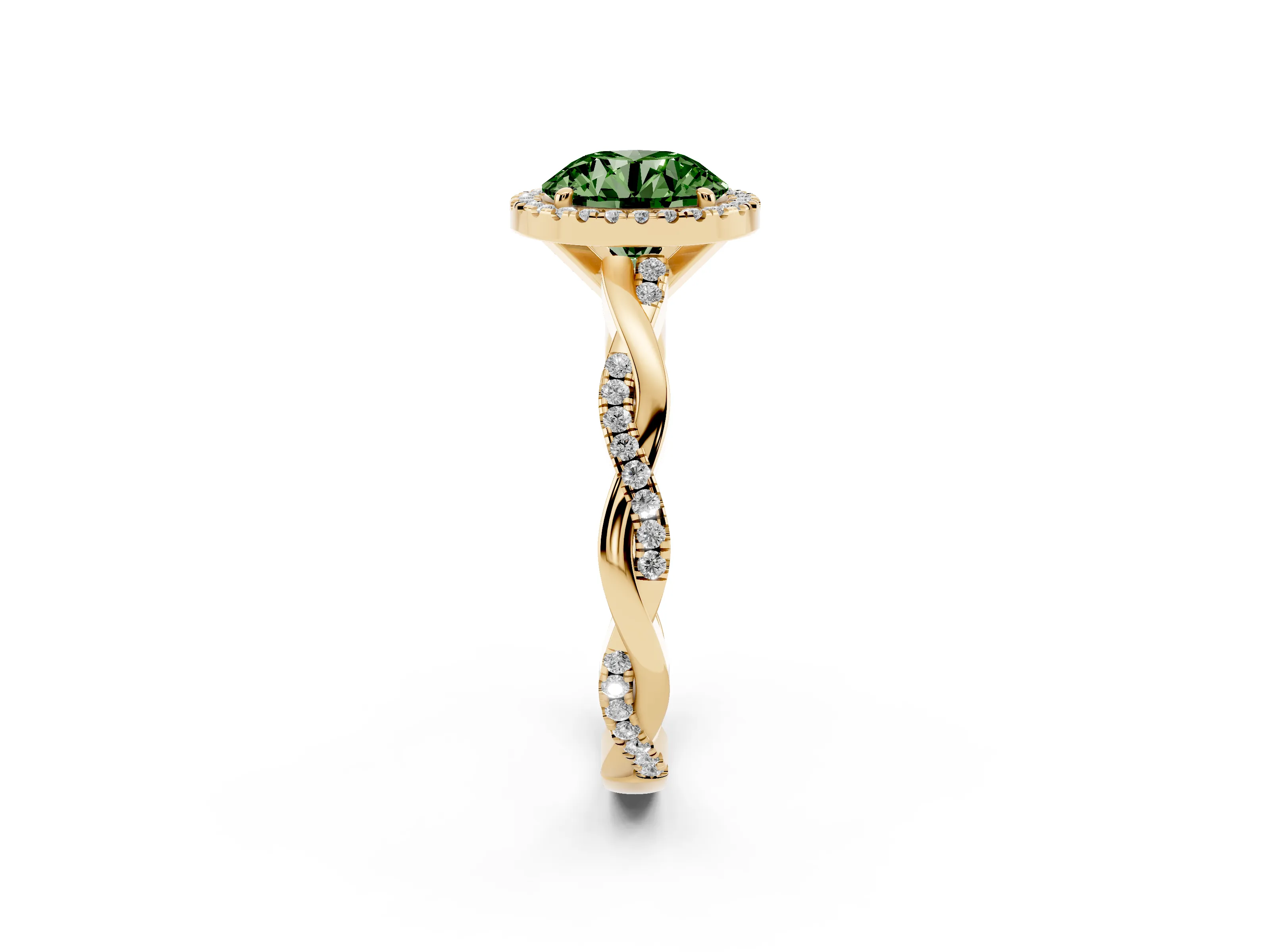 Fancy Green Round Cut Diamond Halo Twisted Band Ring Set in Yellow gold with Prong Setting