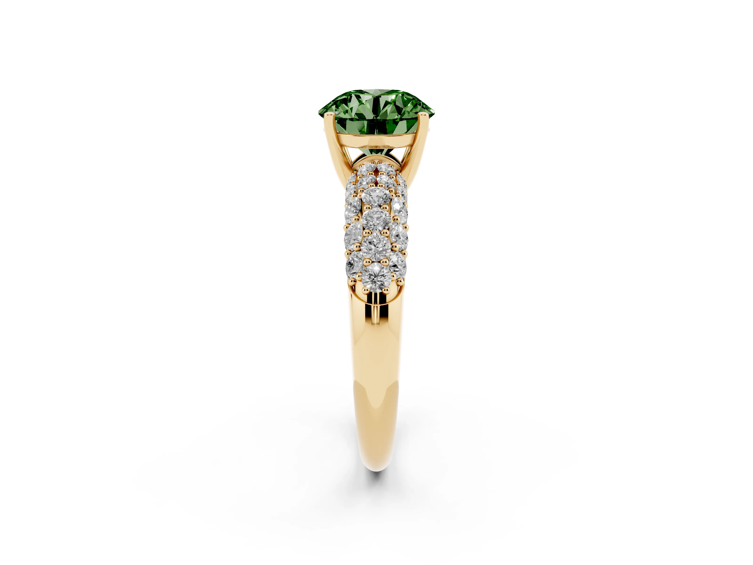 Fancy Green Round Cut Diamond Pavé Band Solitaire Ring Set in Yellow gold with Close-Set Accent Stones and Prong Setting