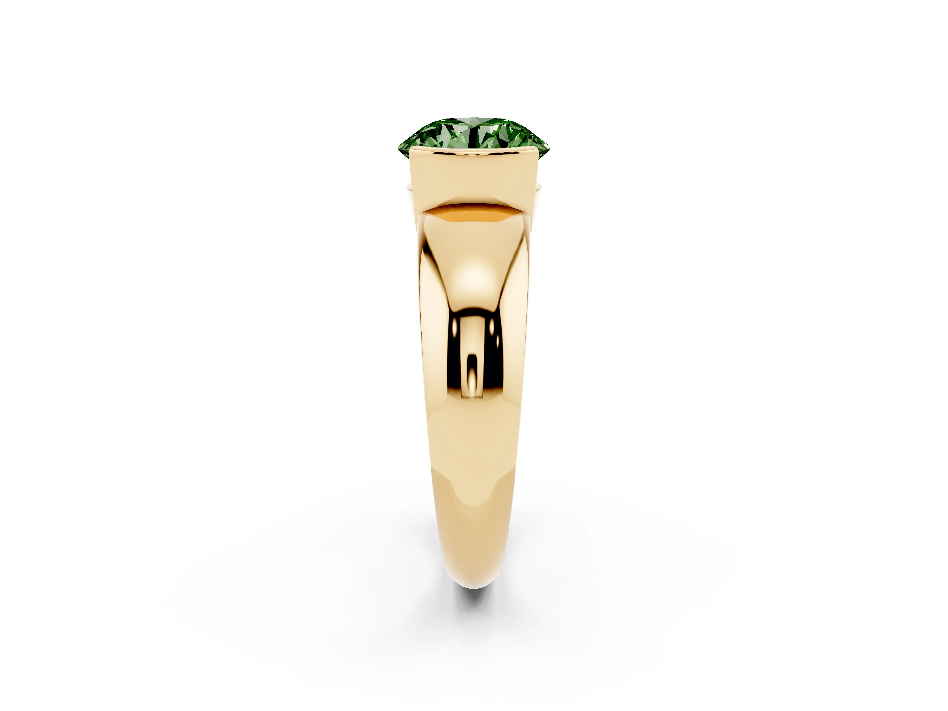 Fancy Green Round Cut Diamond Solitaire Tension Set Ring Set in Yellow gold with Wide Band