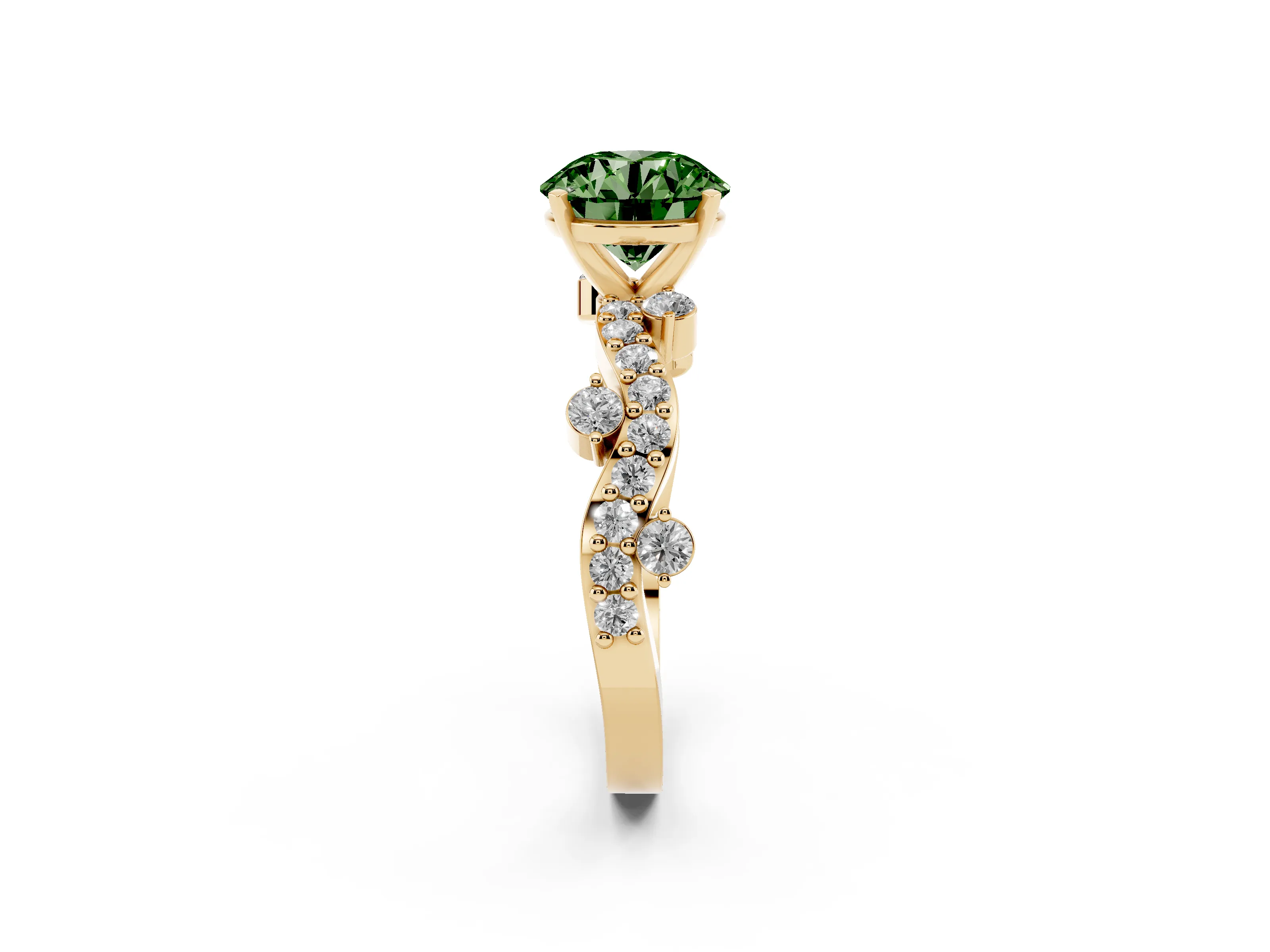 Fancy Green Round Cut Diamond Solitaire Twisted Band Set in Yellow gold with Pavé Setting
