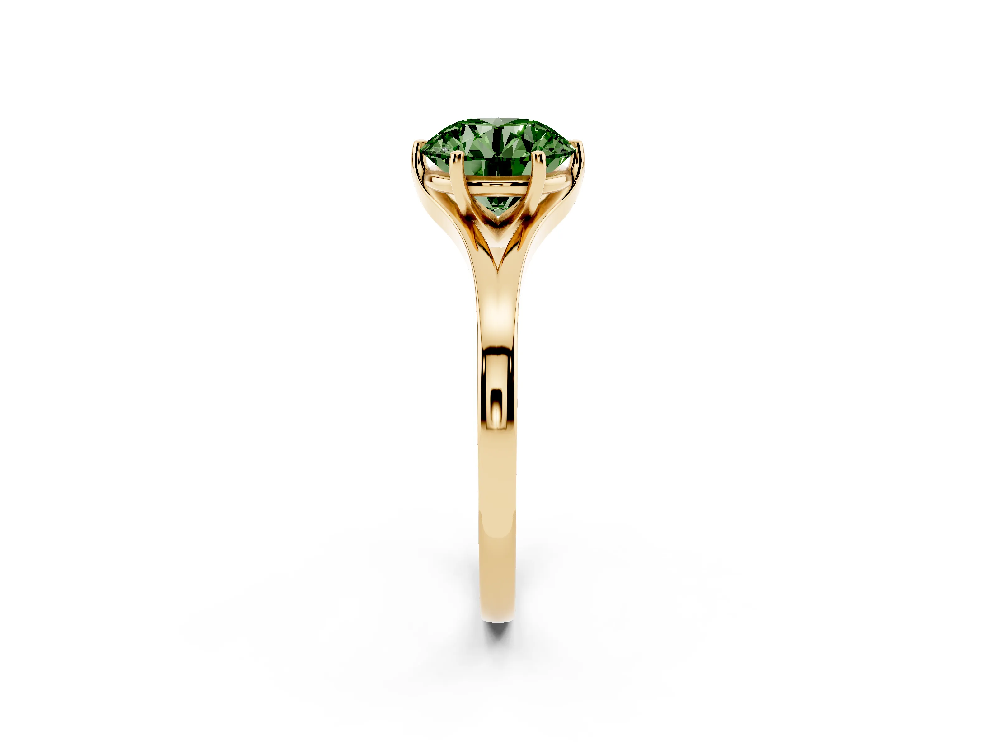 Fancy Green Round Cut Diamond Solitaire Ring Set in Yellow gold with Polished Tapered Band and Prong Setting