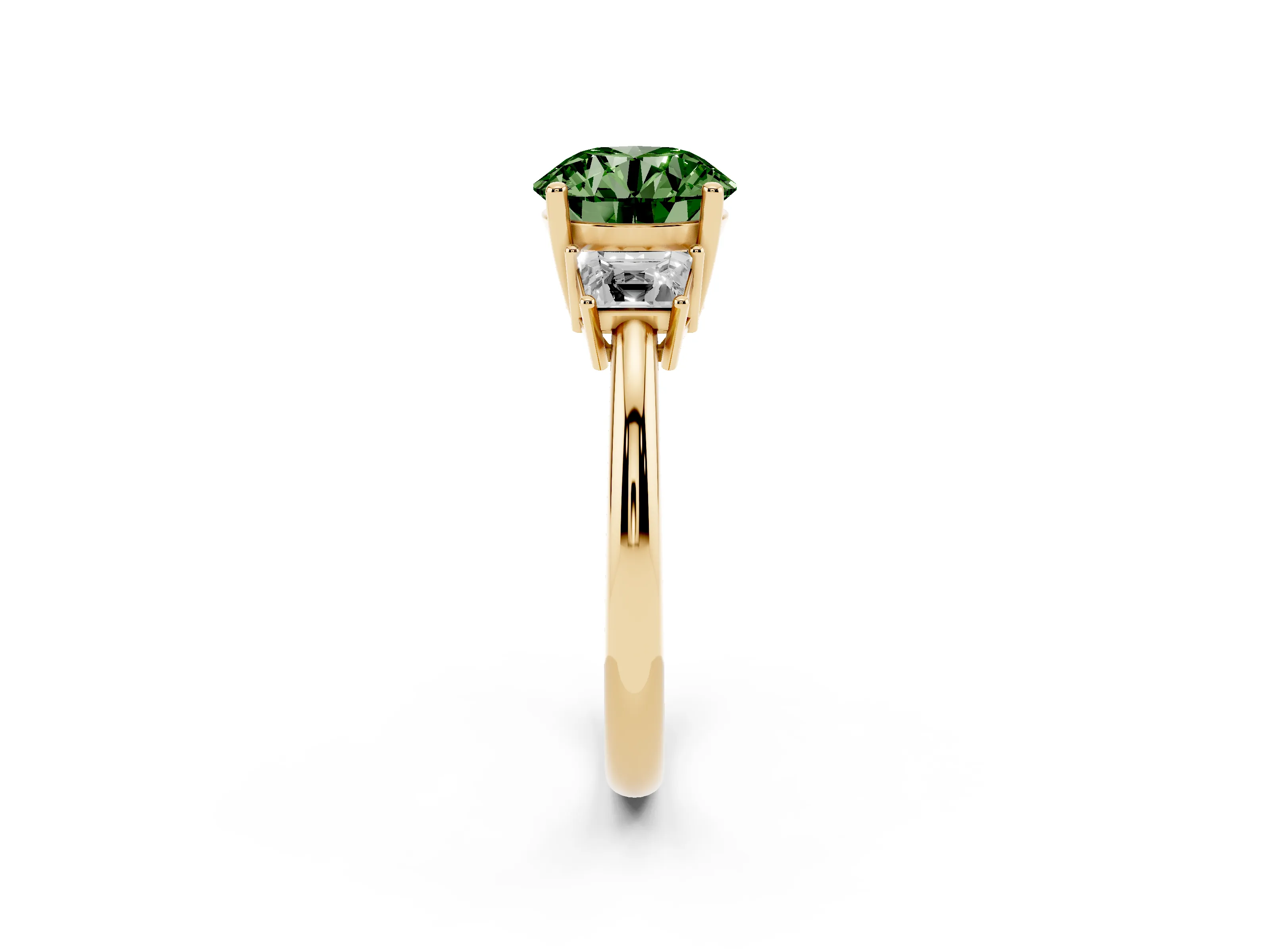 Fancy Green Round Cut Diamond Three-Stone Ring Set in Yellow gold with Trapezoid Side Stones and Prong Setting