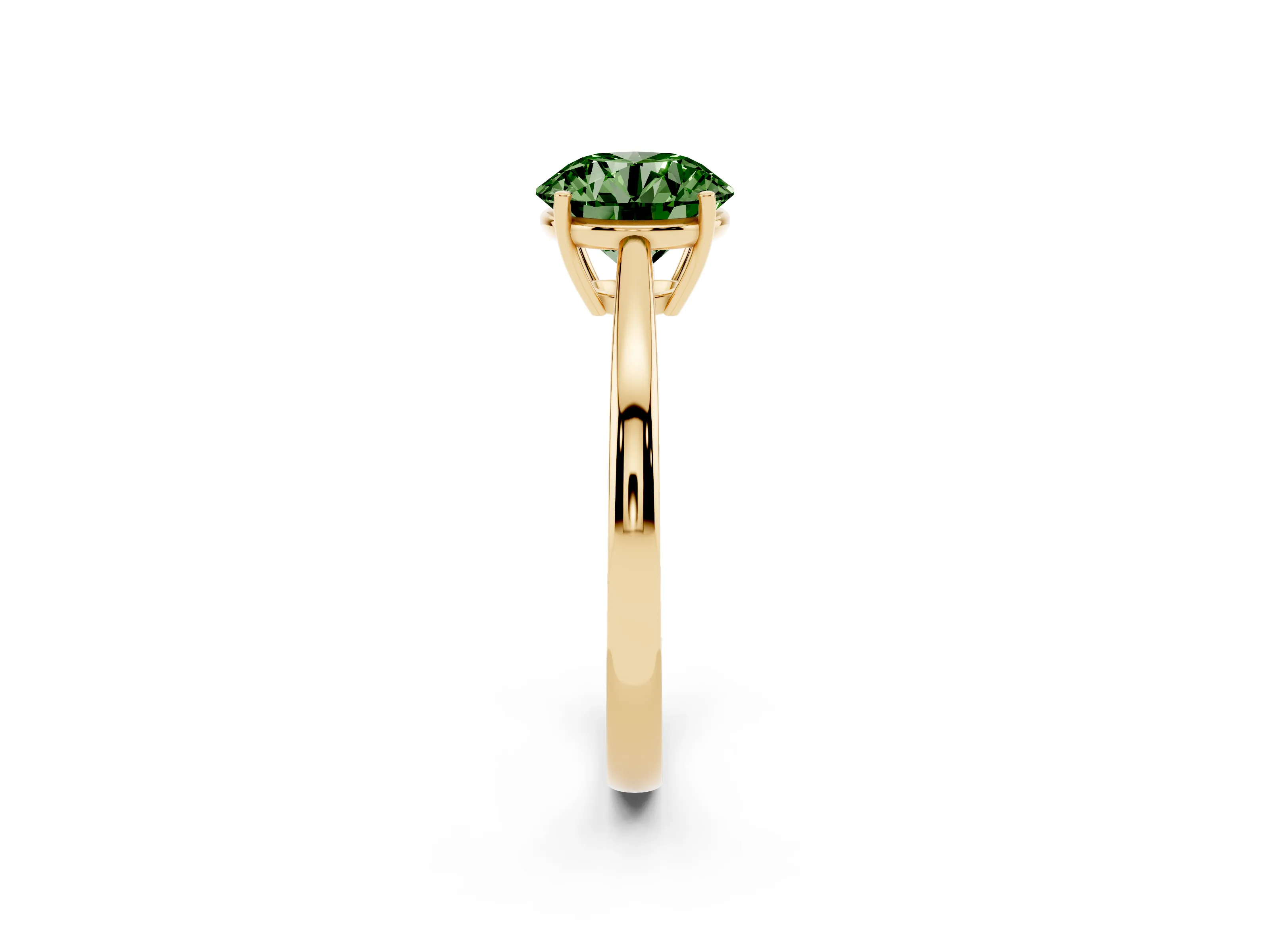 Fancy Green Round Cut Diamond Solitaire Ring Set in Yellow gold with Split Shank and Prong Setting