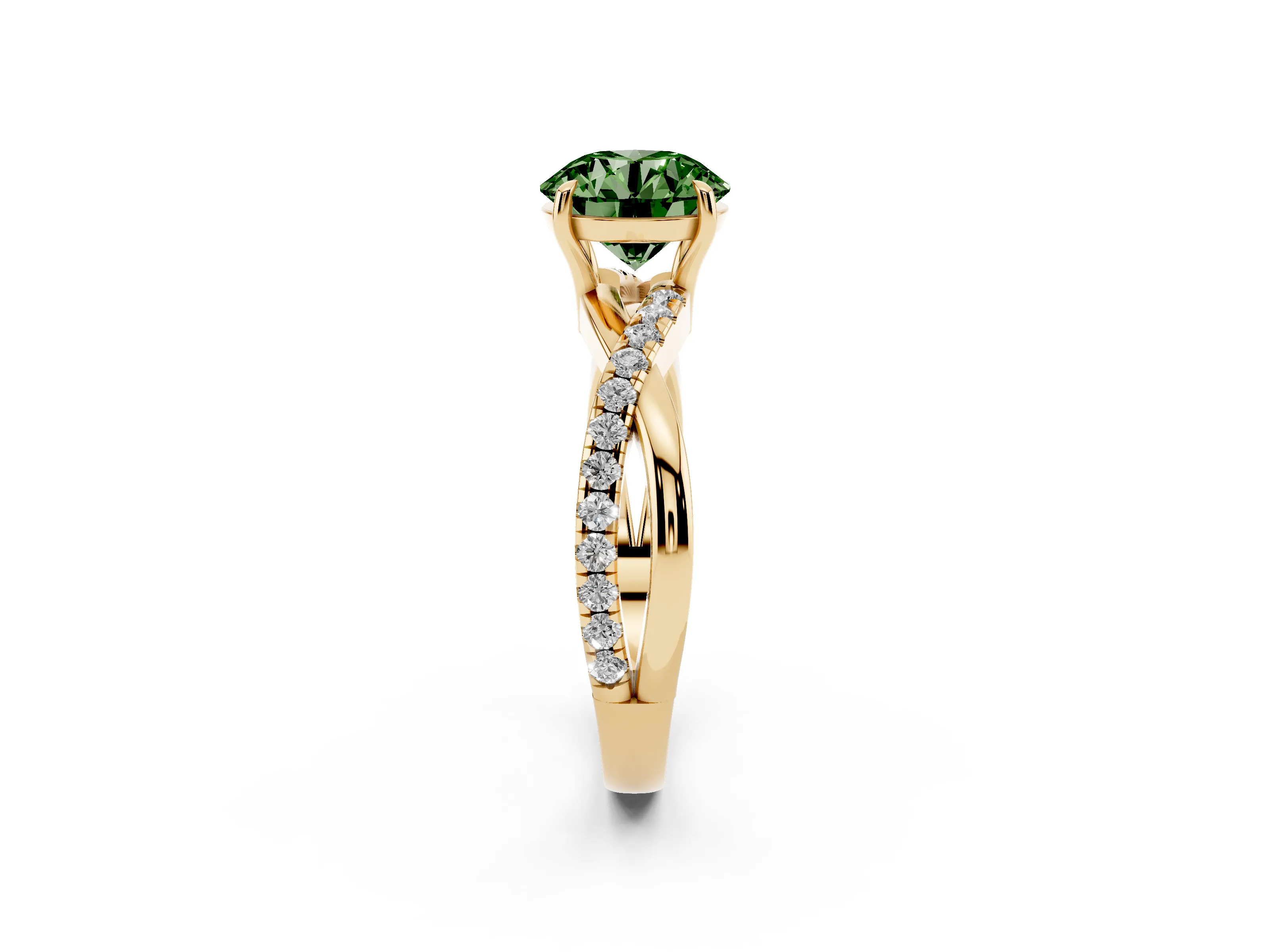 Fancy Green Round Cut Diamond Twisted Pavé Band Ring Set in Yellow gold with Prong Setting