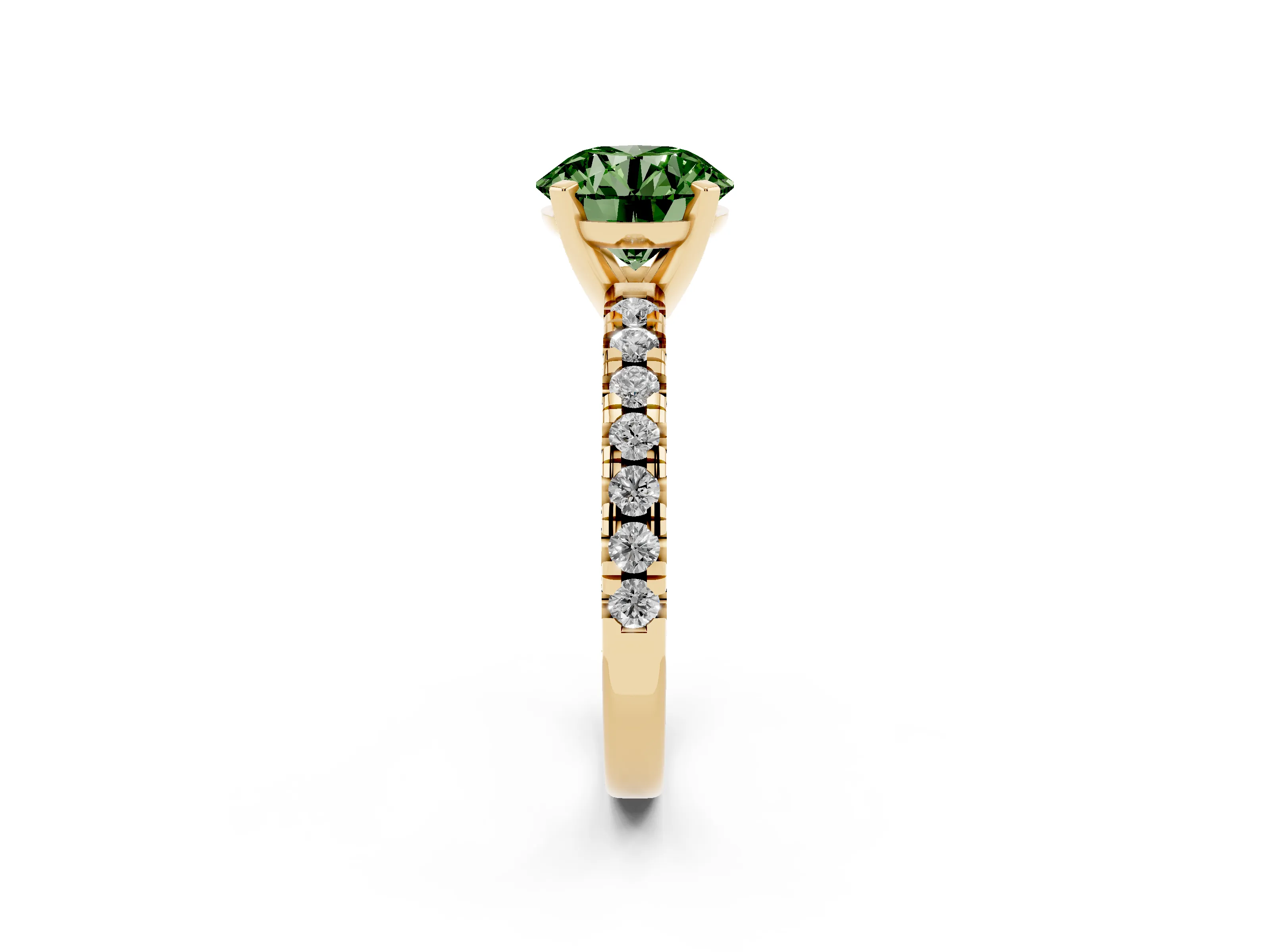 Fancy Green Round Cut Diamond Solitaire Pavé Engagement Ring Set in Yellow gold with Round Band and Prong Setting