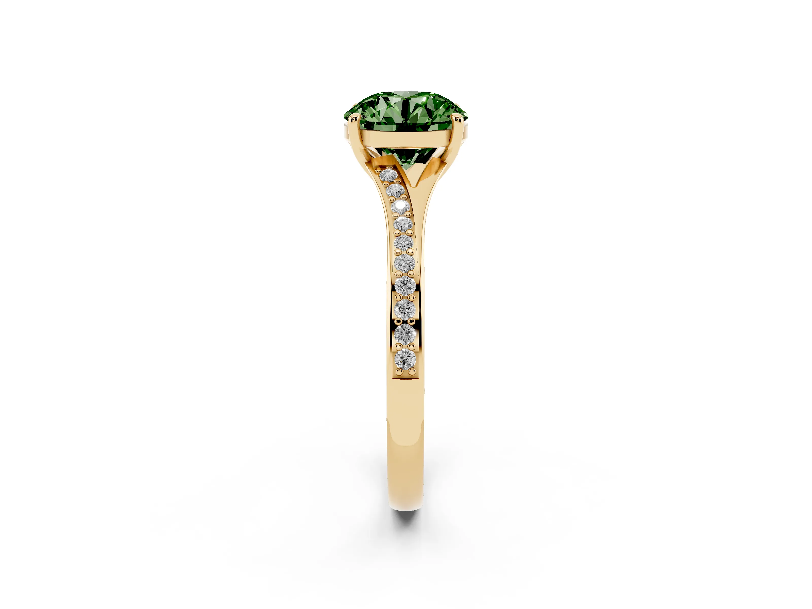 Fancy Green Round Cut Diamond Solitaire Ring Set in Yellow gold with Pavé Accent Band and Classic Prong Setting