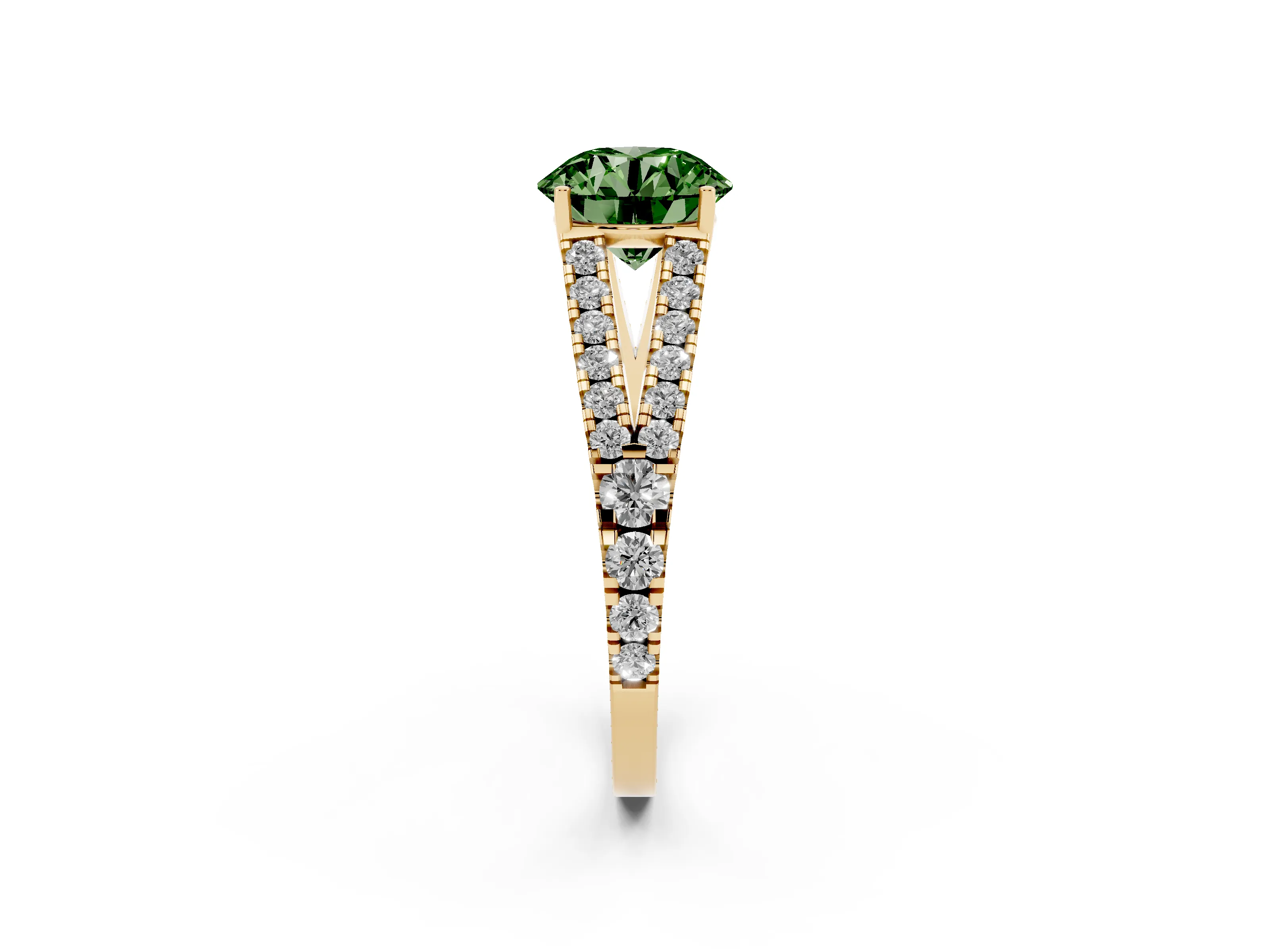Fancy Green Round Cut Diamond Split Shank Pavé Engagement Ring Set in Yellow gold with Prong-Held Center Stone