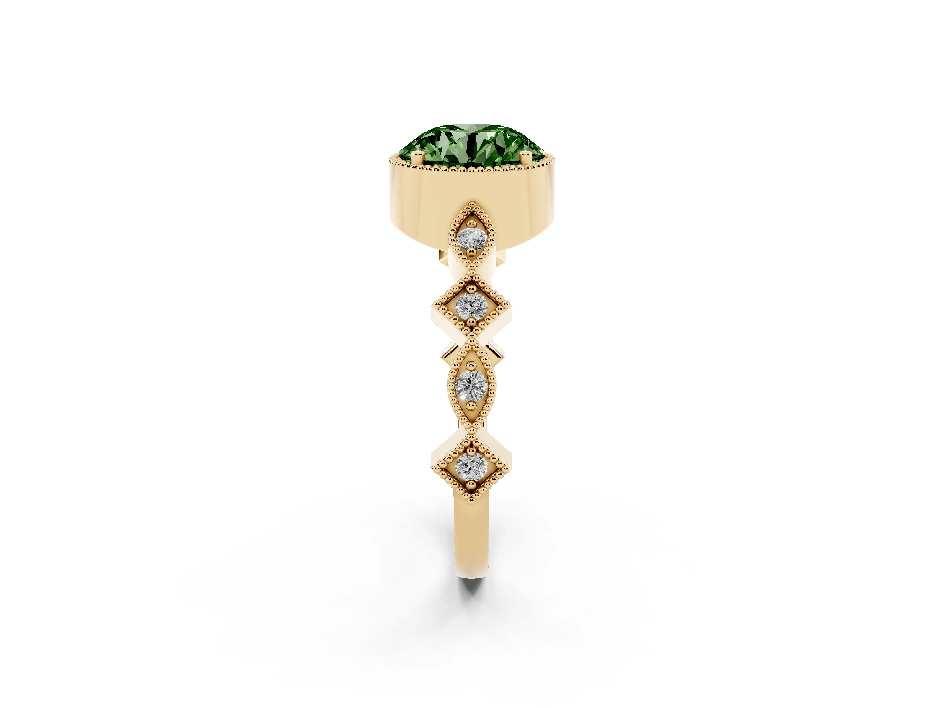Fancy Green Round Cut Diamond Milgrain Marquise Twist Band Ring Set in Yellow gold with Prong Setting