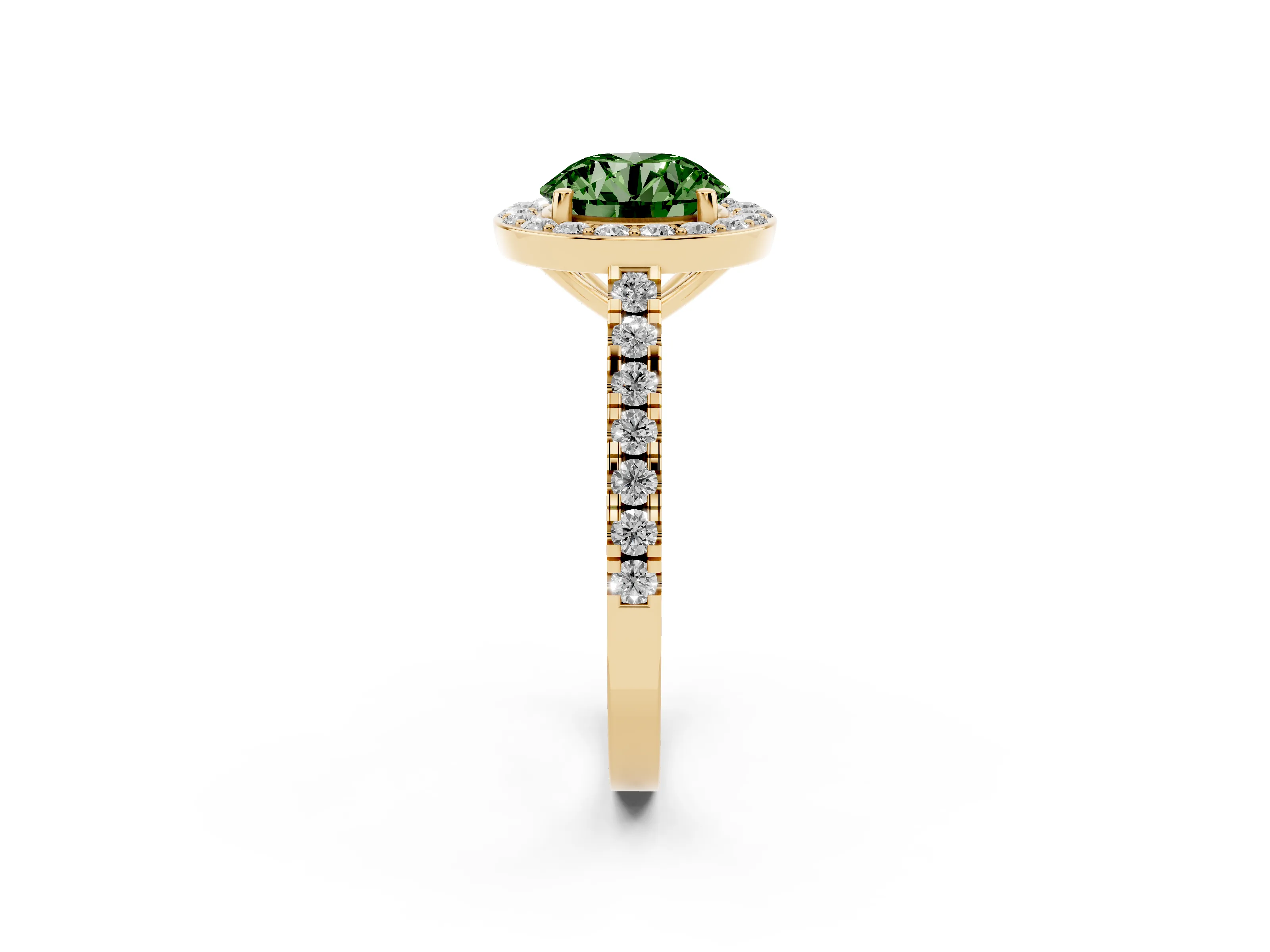 Fancy Green Round Cut Diamond Halo Ring Set in Yellow gold with Round Pavé Split Shank and Prong Setting