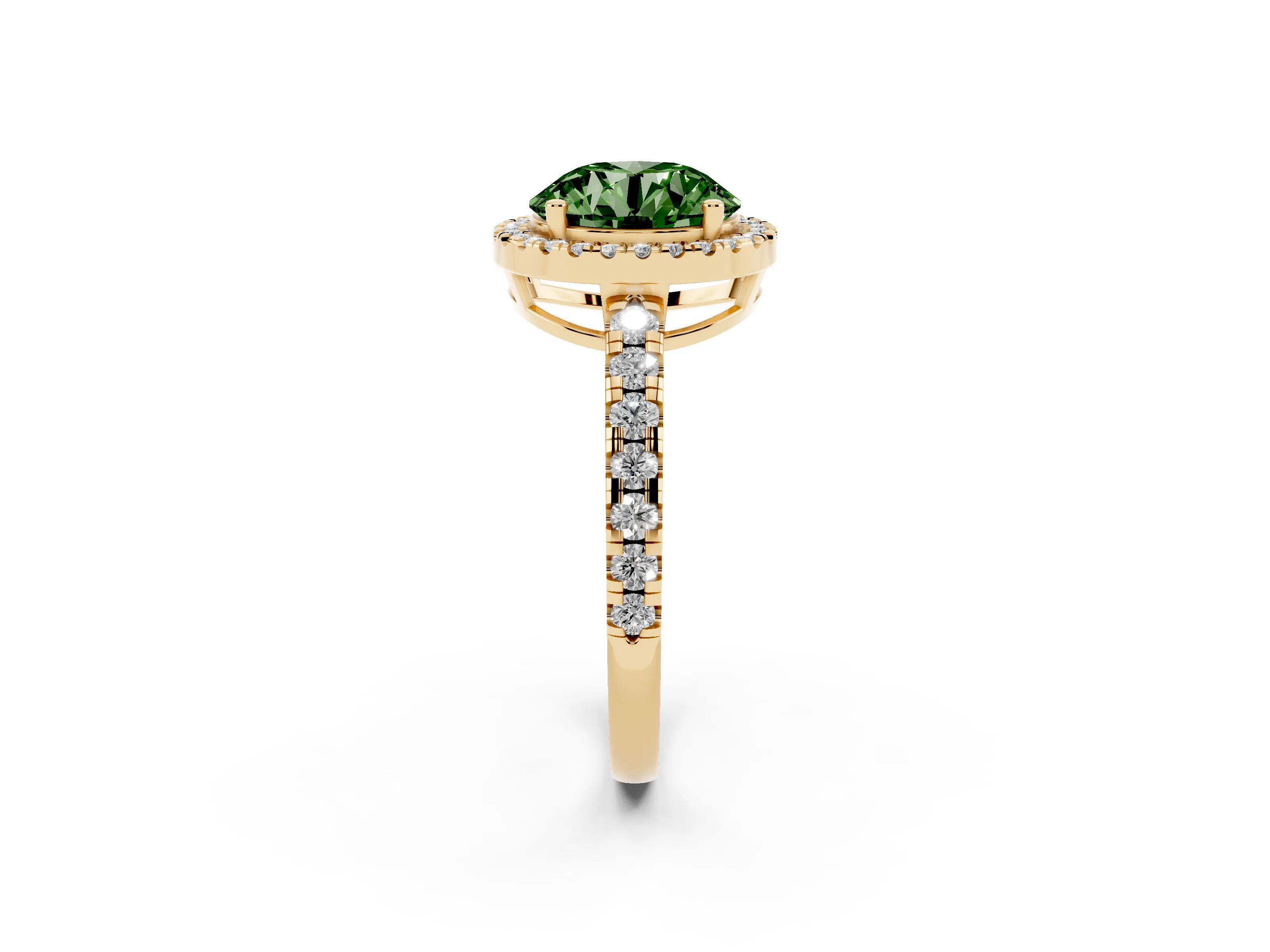 Fancy Green Round Cut Diamond Halo Ring Set in Yellow gold with Delicate Pavé Band and Prong Setting