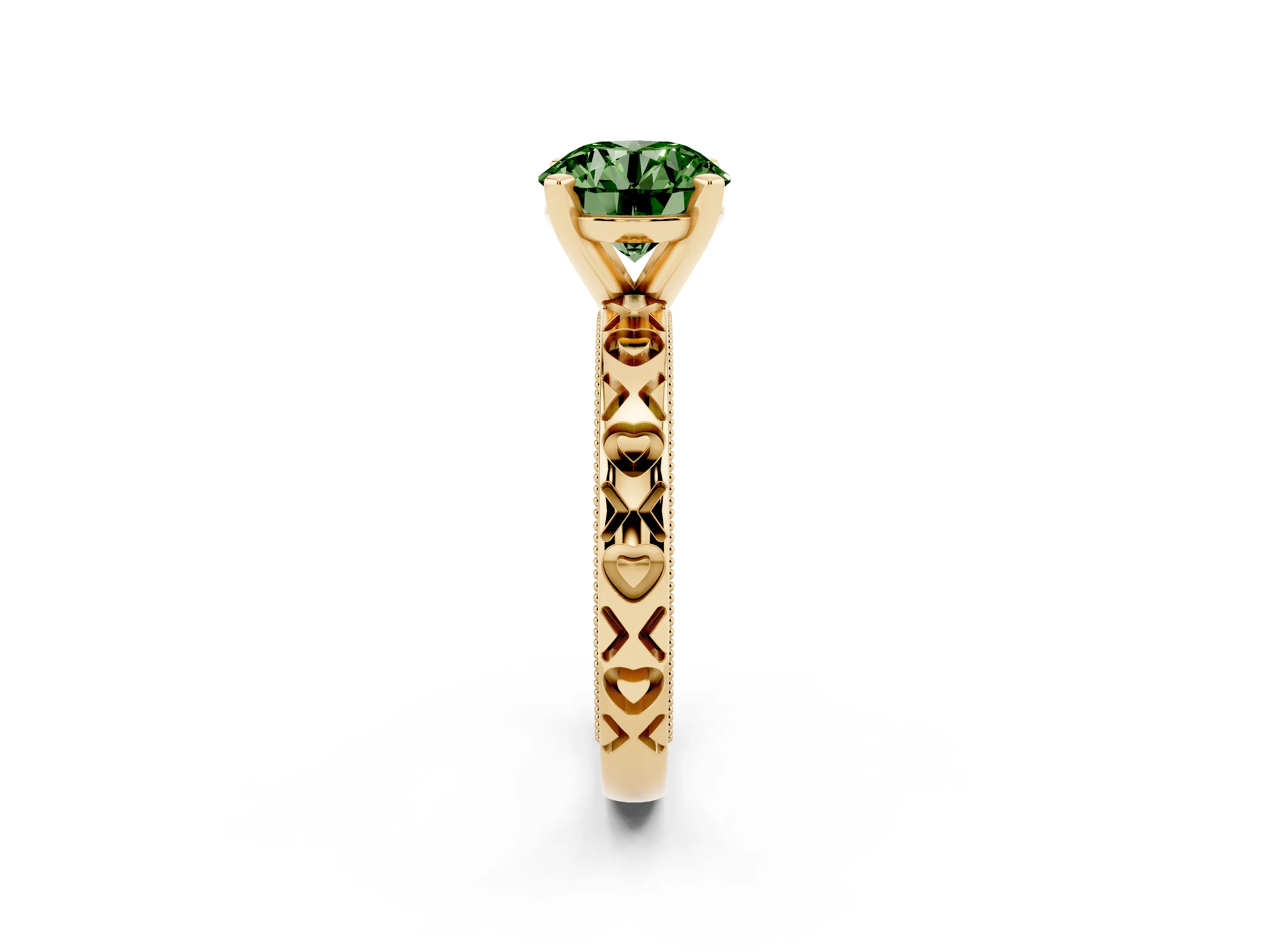 Fancy Green Round Cut Diamond Solitaire Engagement Ring Set in Yellow gold with XO Engraved Band and Prong Setting