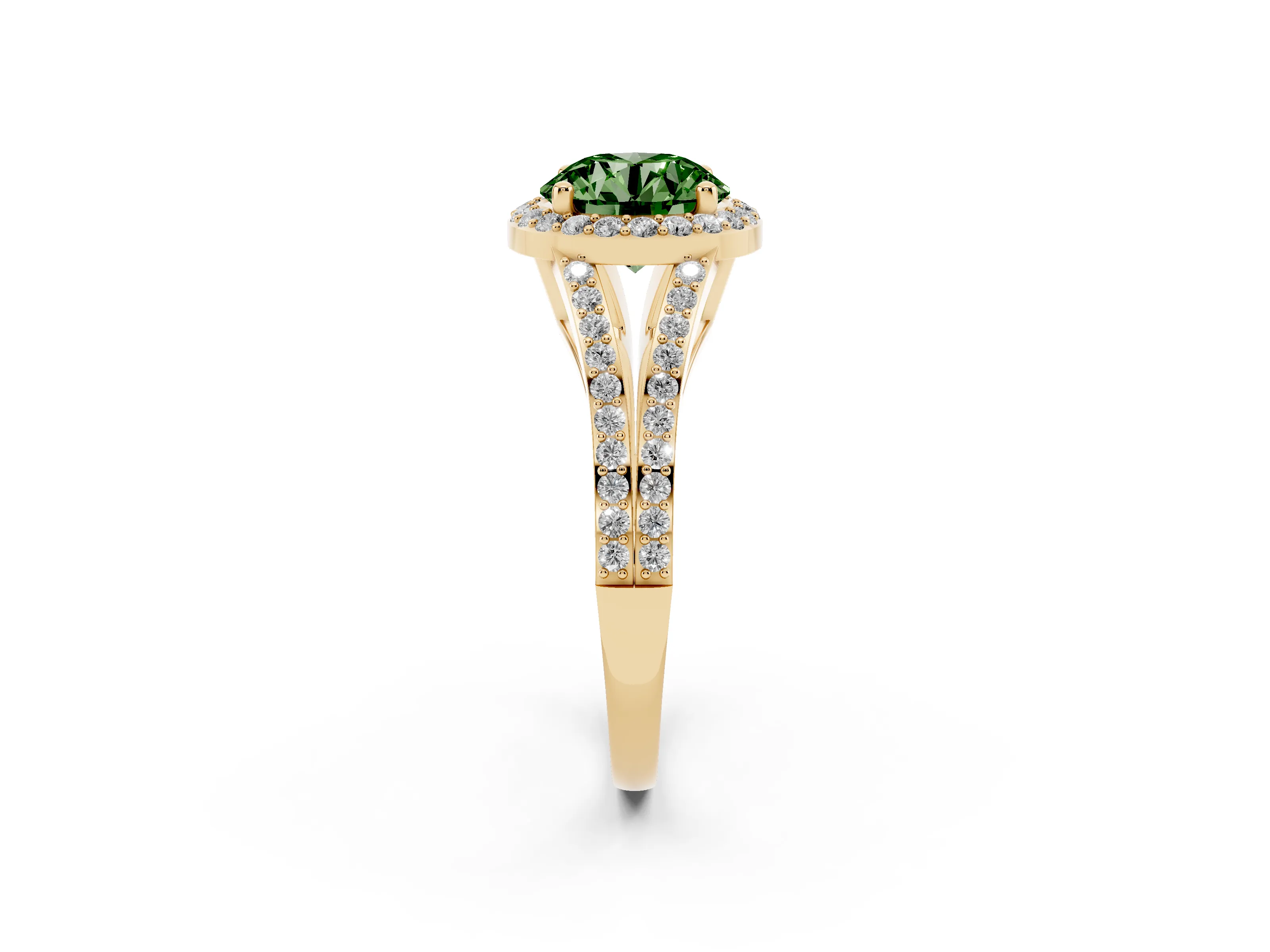 Fancy Green Round Cut Diamond Halo Split Shank Pavé Ring Set in Yellow gold with Prong Setting