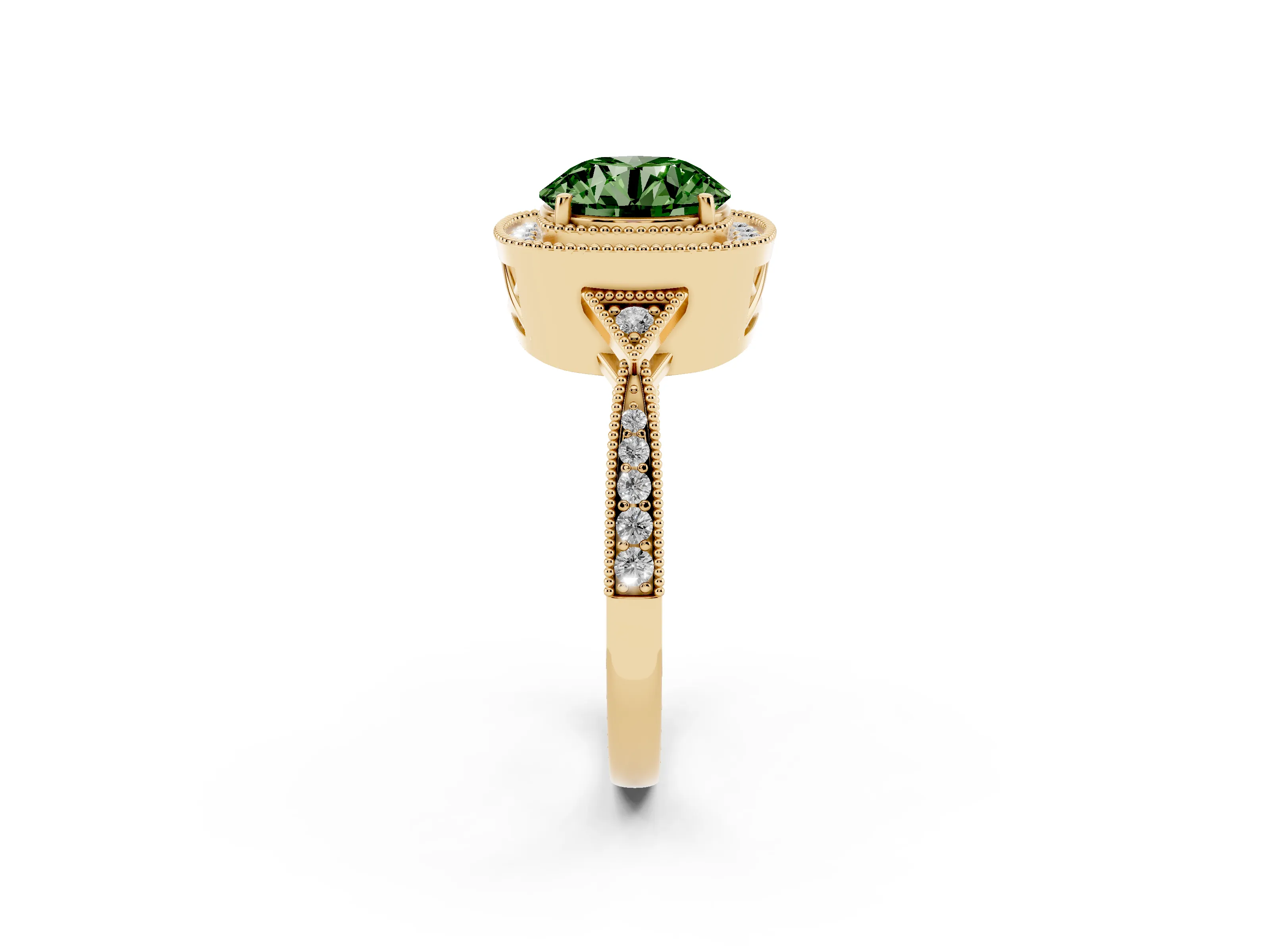 Fancy Green Round Cut Diamond Halo Engagement Ring Set in Yellow gold with Milgrain Pavé Band