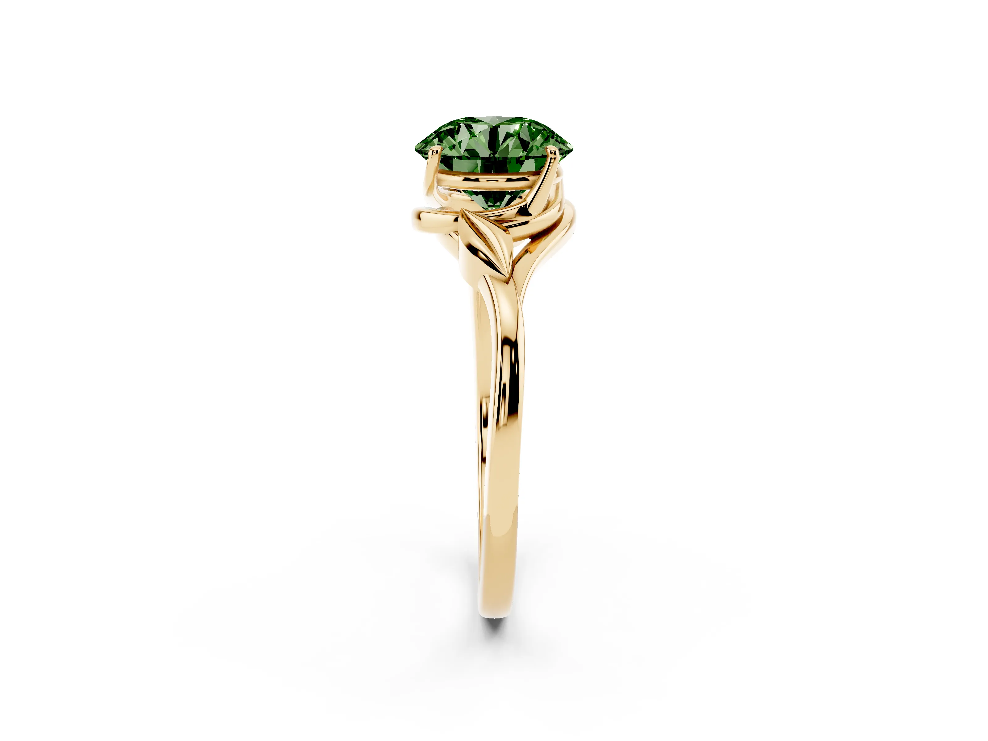Fancy Green Round Cut Diamond Solitaire Ring Set in Yellow gold with Polished Twist Band