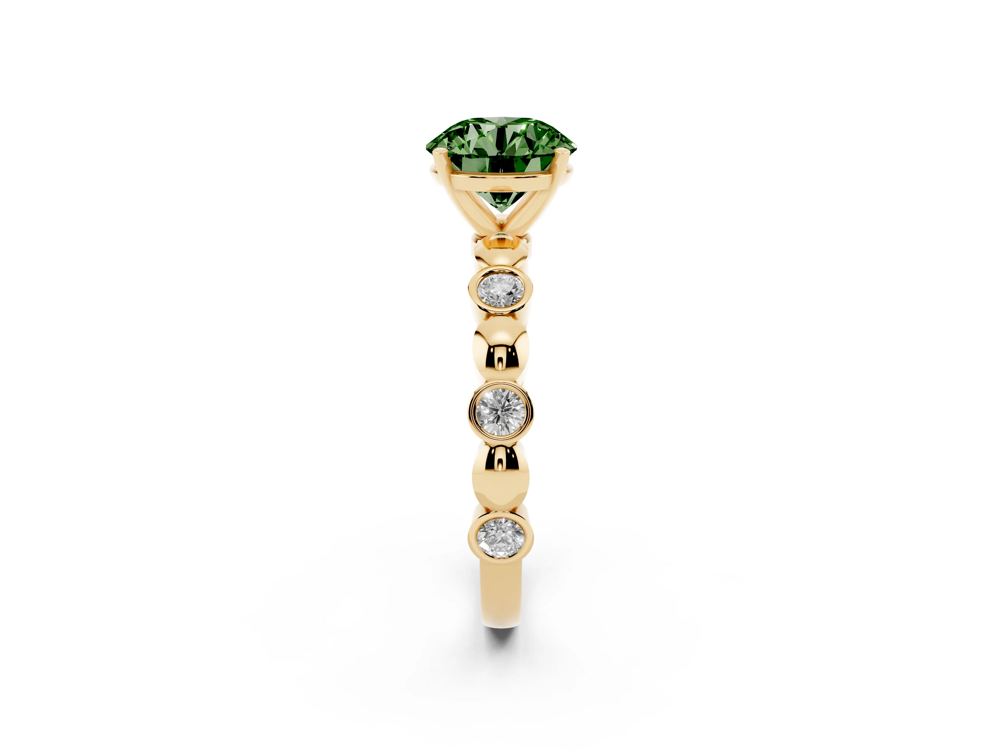 Fancy Green Round Cut Diamond Solitaire Ring Set in Yellow gold with Bezel-Set Accents on Beaded Band and Prong Setting