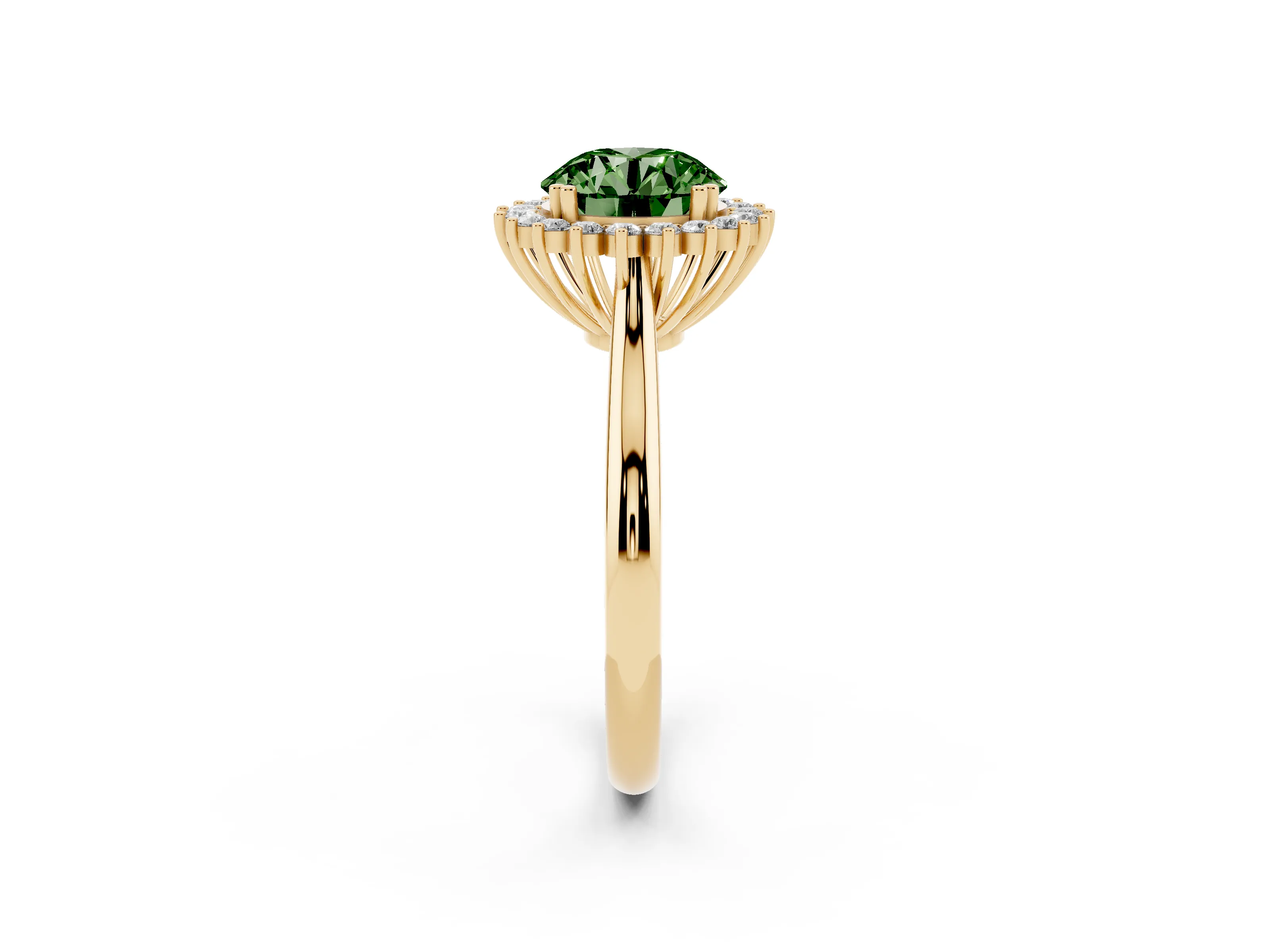 Fancy Green Round Cut Diamond Halo Ring Set in Yellow gold with Plain Solitaire Band and Prong Setting