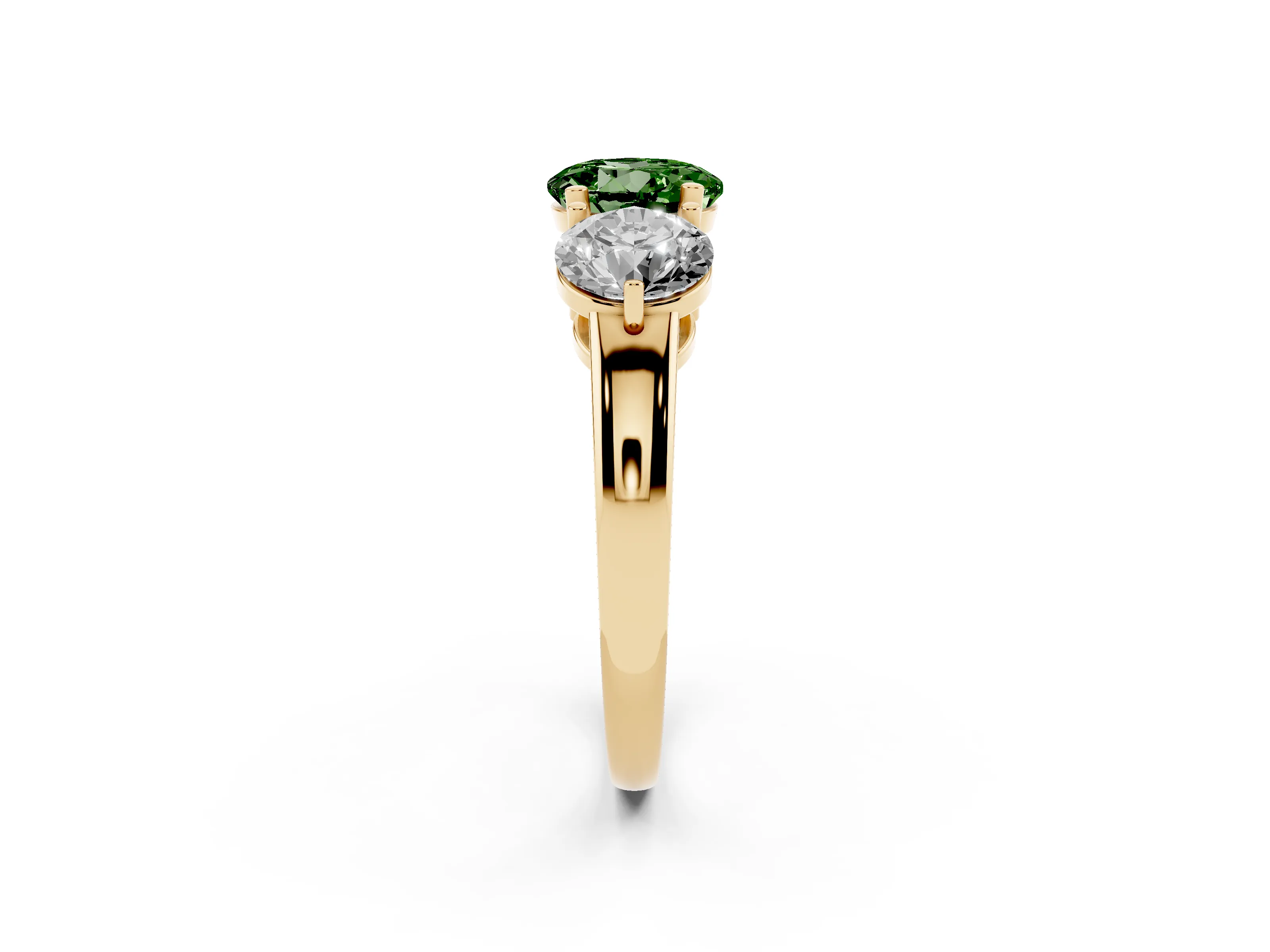 Fancy Green Round Cut Diamond Three-Stone Ring Set in Yellow gold with Prong Setting and Plain Band