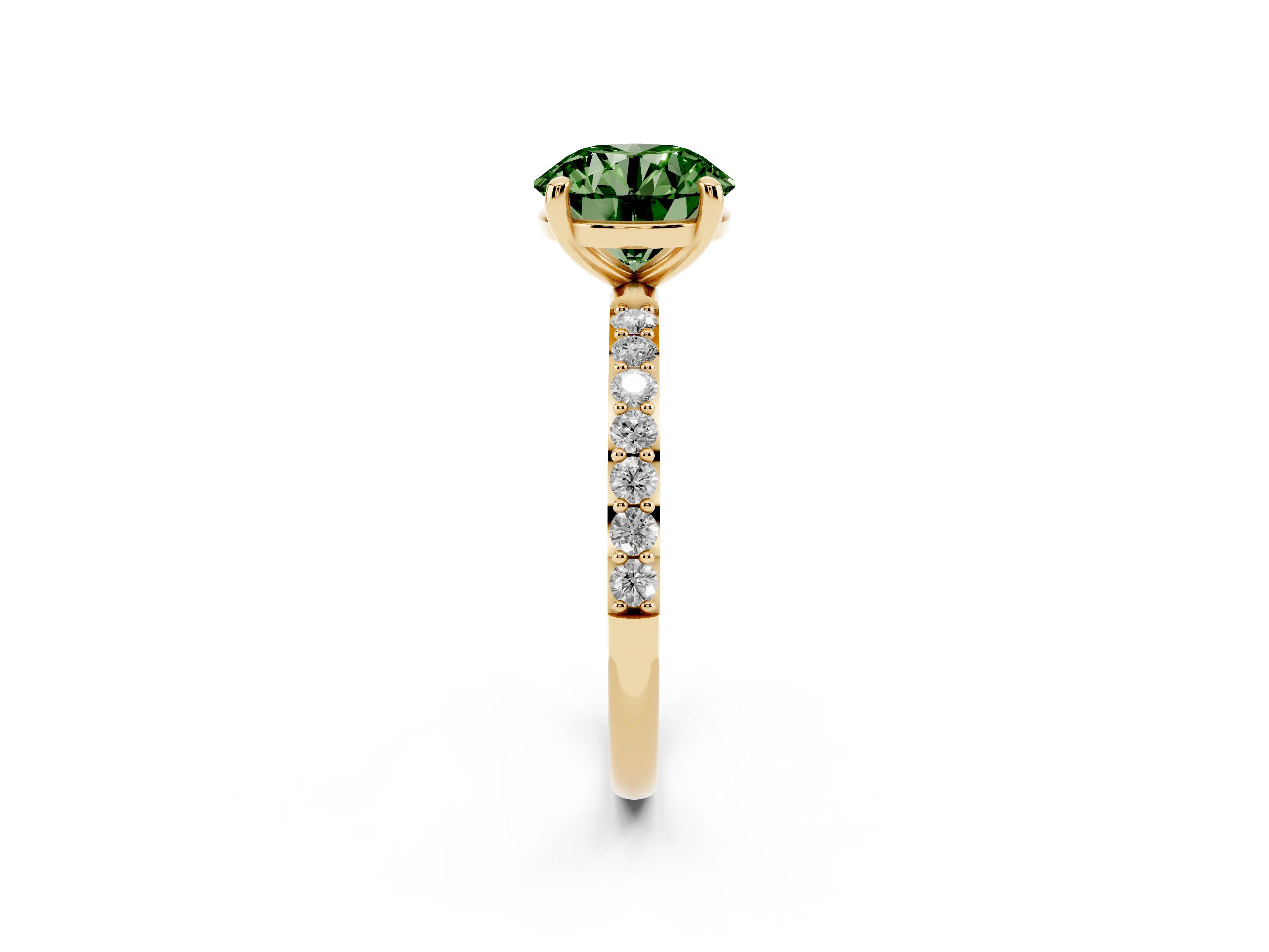 Fancy Green Round Cut Diamond Solitaire Ring Set in Yellow gold with Round Pavé Band and Prong Setting