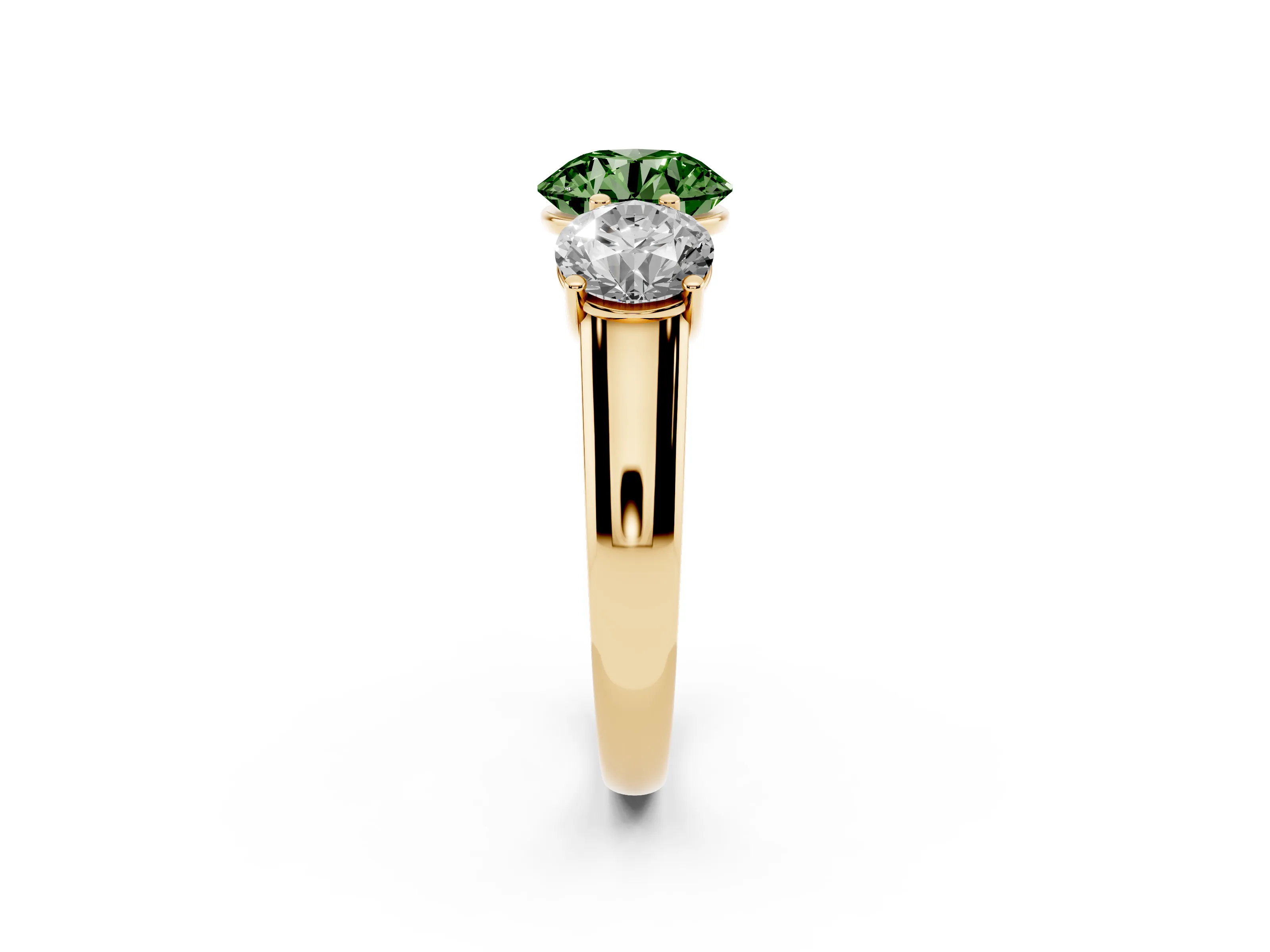 Fancy Green Round Cut Diamond Three-Stone Ring Set in Yellow gold with Plain Polished Band