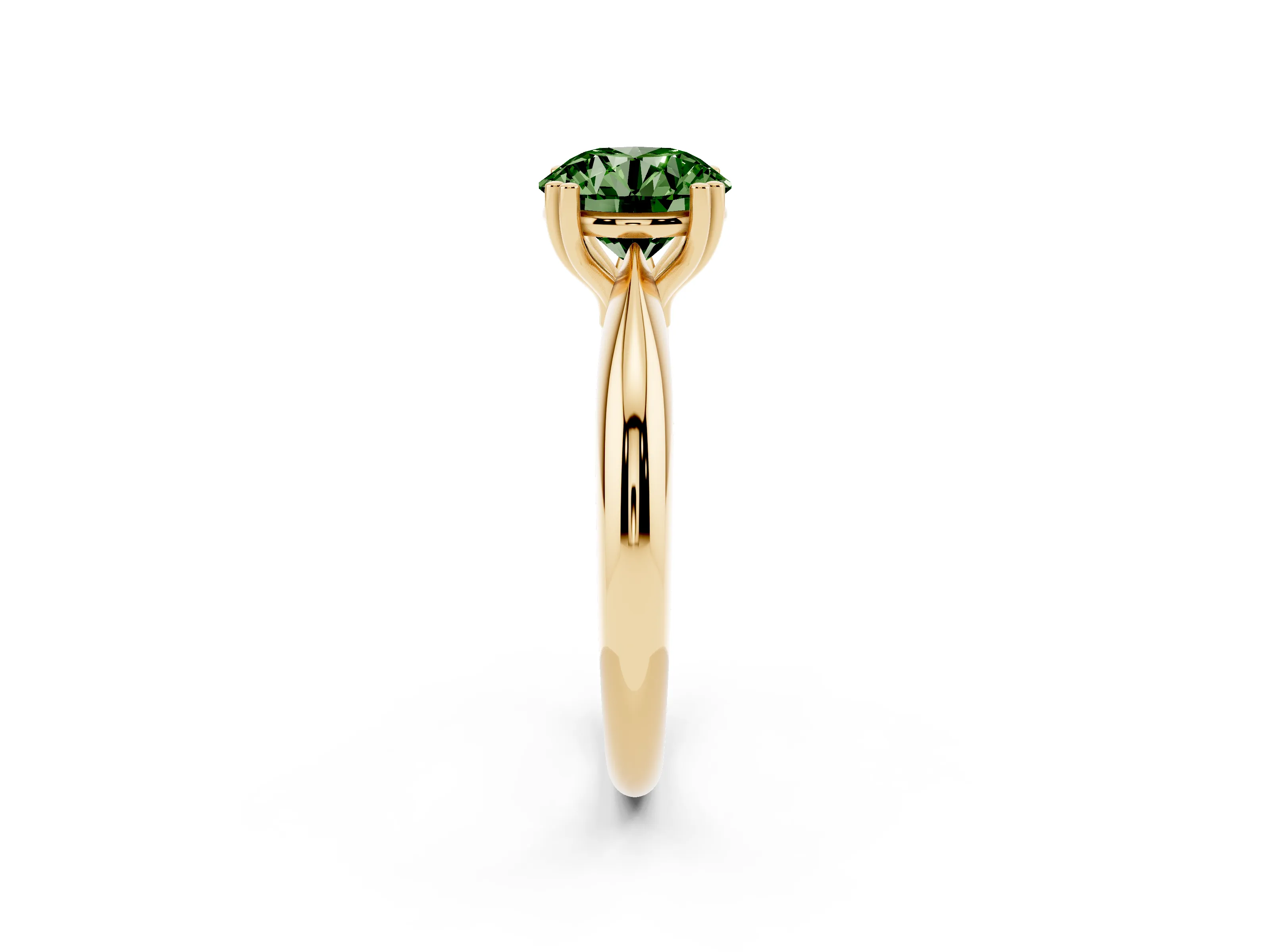 Fancy Green Round Cut Diamond Solitaire Engagement Ring Set in Yellow gold with Tapered Band and Prong Setting
