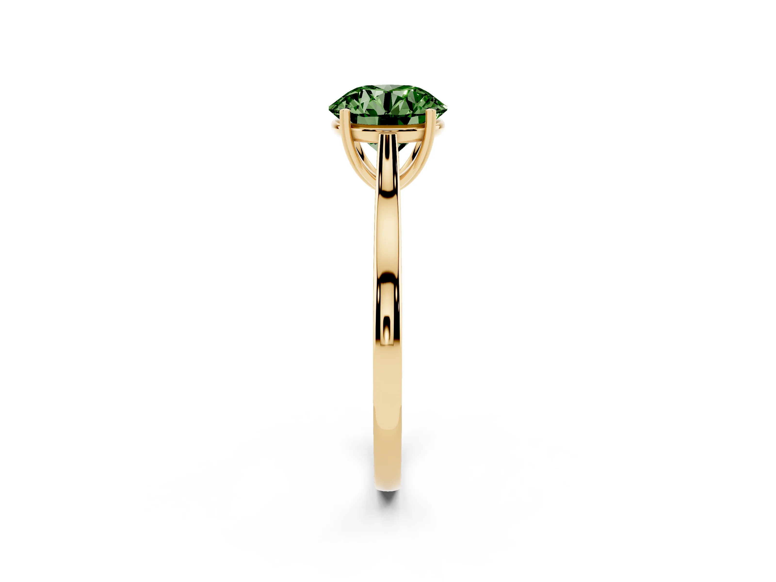 Fancy Green Round Cut Diamond Solitaire Heart Prong Engagement Ring Set in Yellow gold with Tapered Band