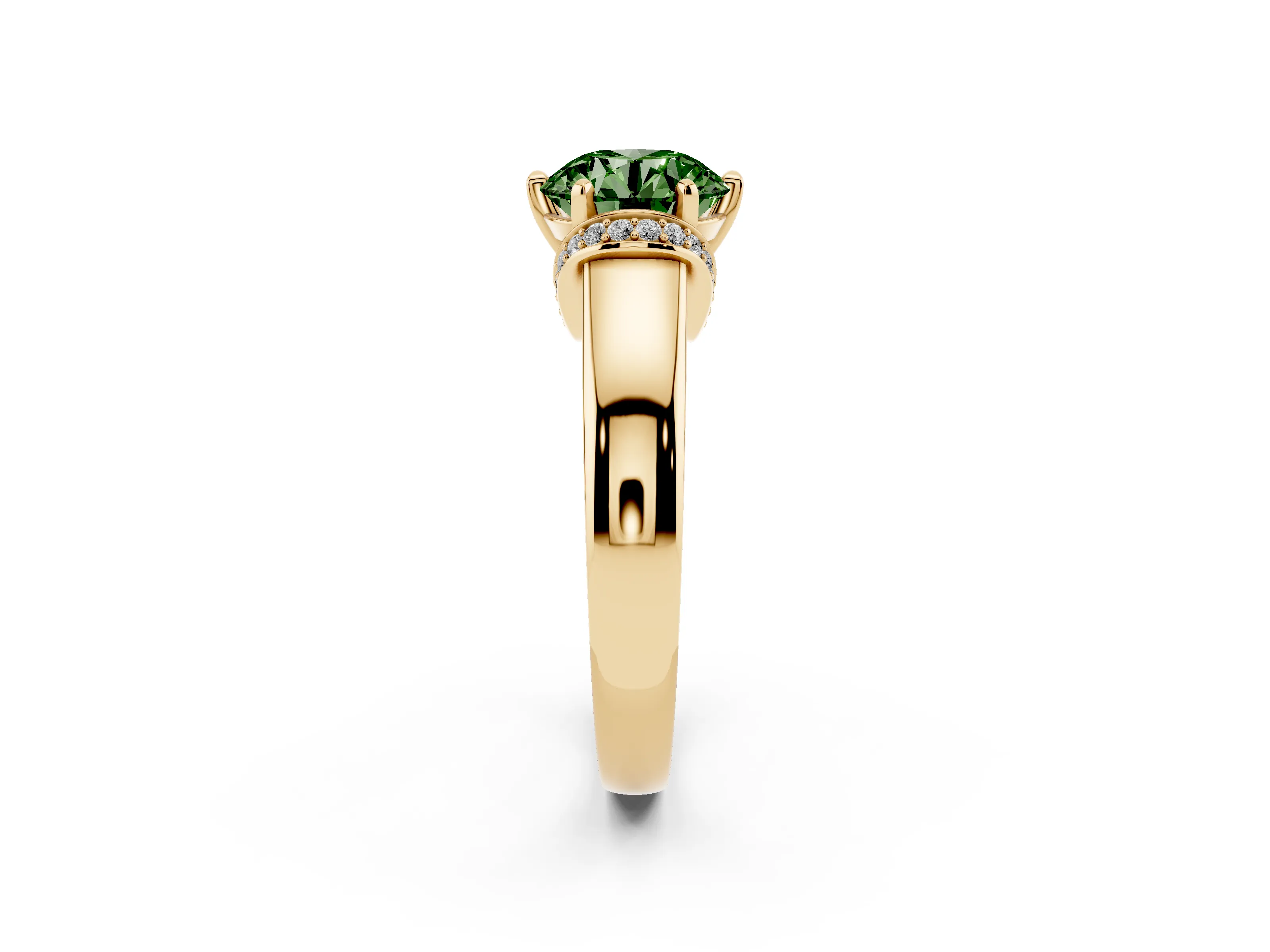 Fancy Green Round Cut Diamond Pavé Band Solitaire Ring Set in Yellow gold with Prong Setting
