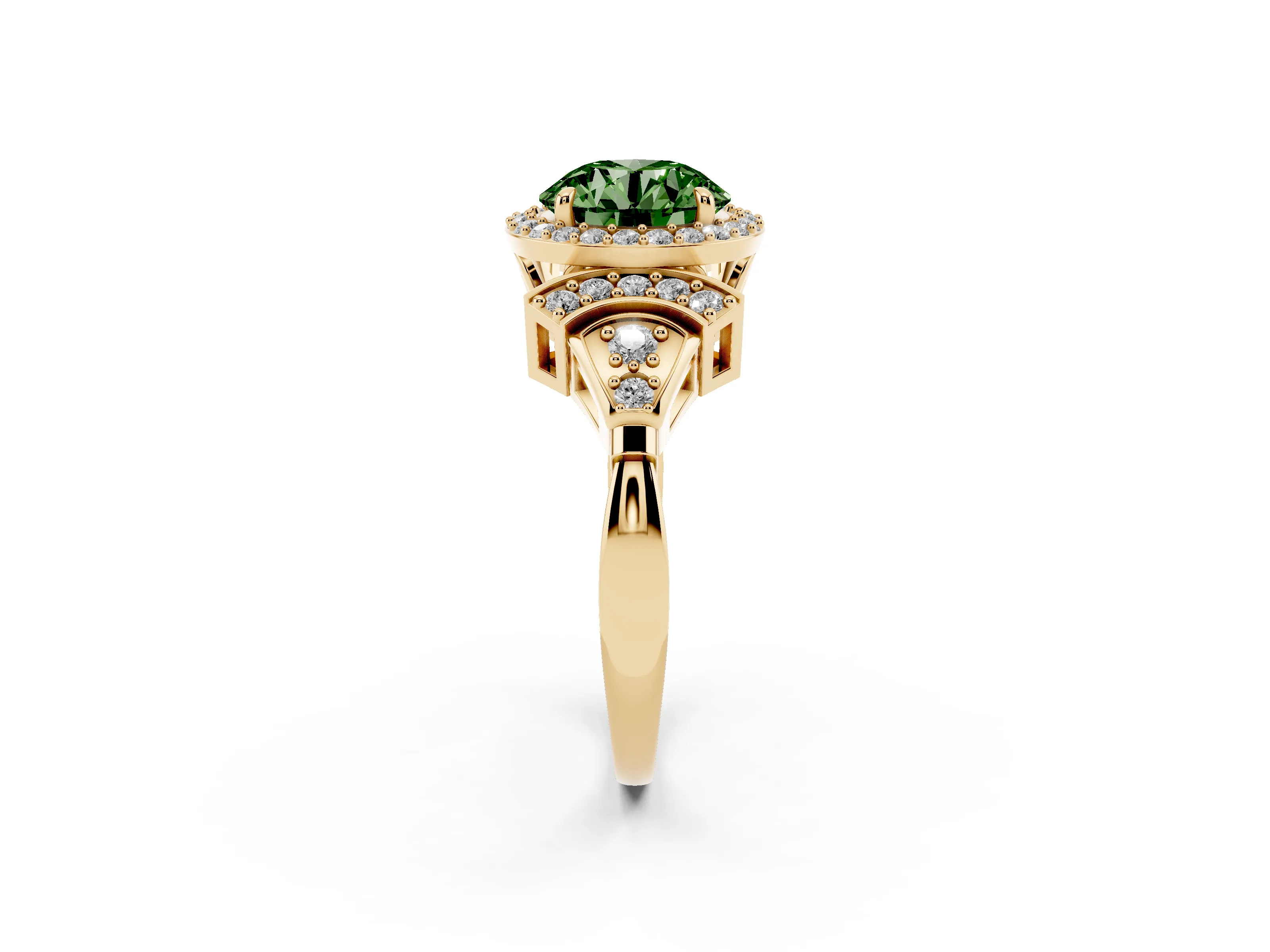 Fancy Green Round Cut Diamond Halo Engagement Ring Set in Yellow gold with Accent Stone Split Shank