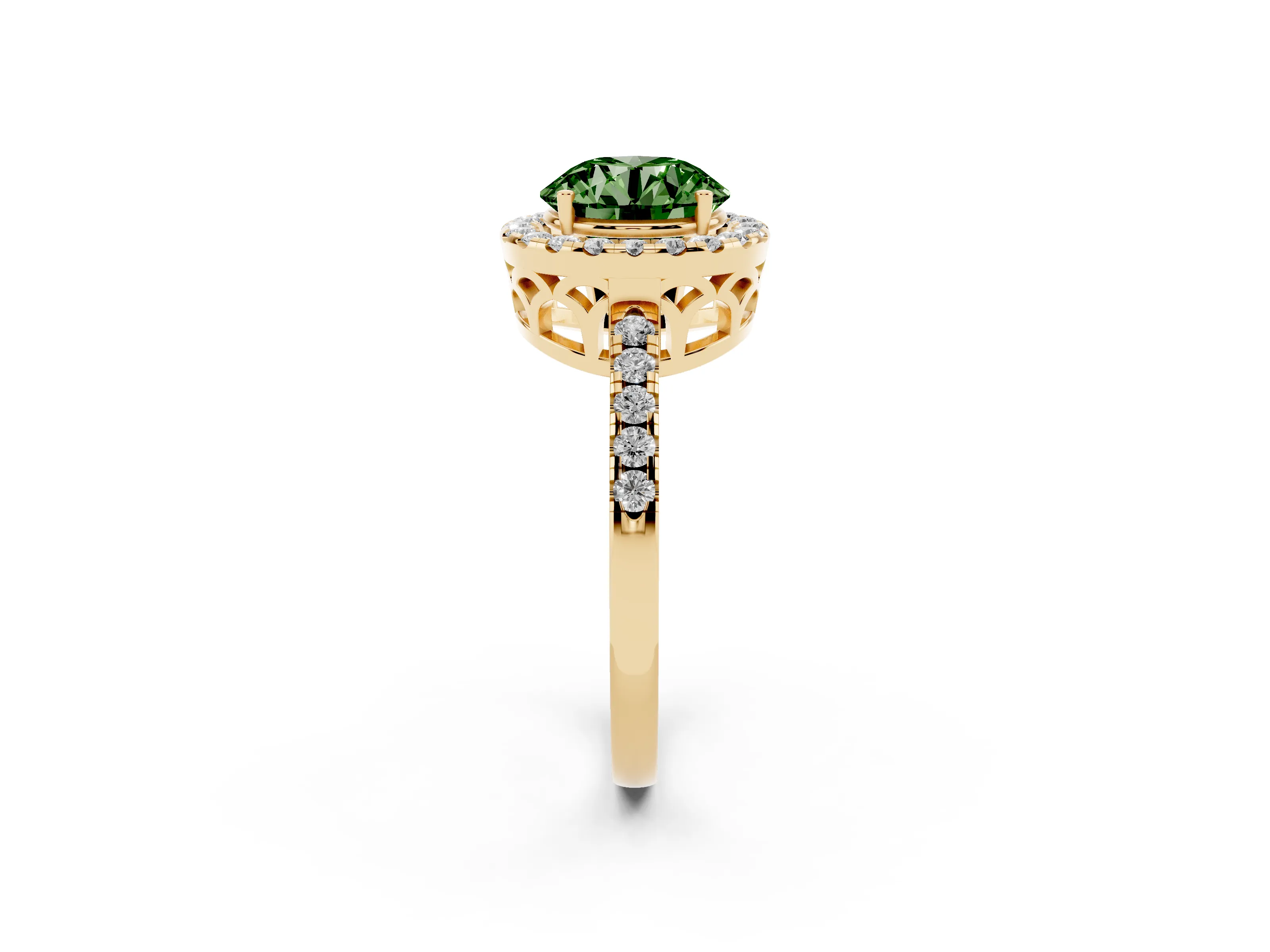 Fancy Green Round Cut Diamond Pavé Band Halo Engagement Ring Set in Yellow gold with Prong Setting