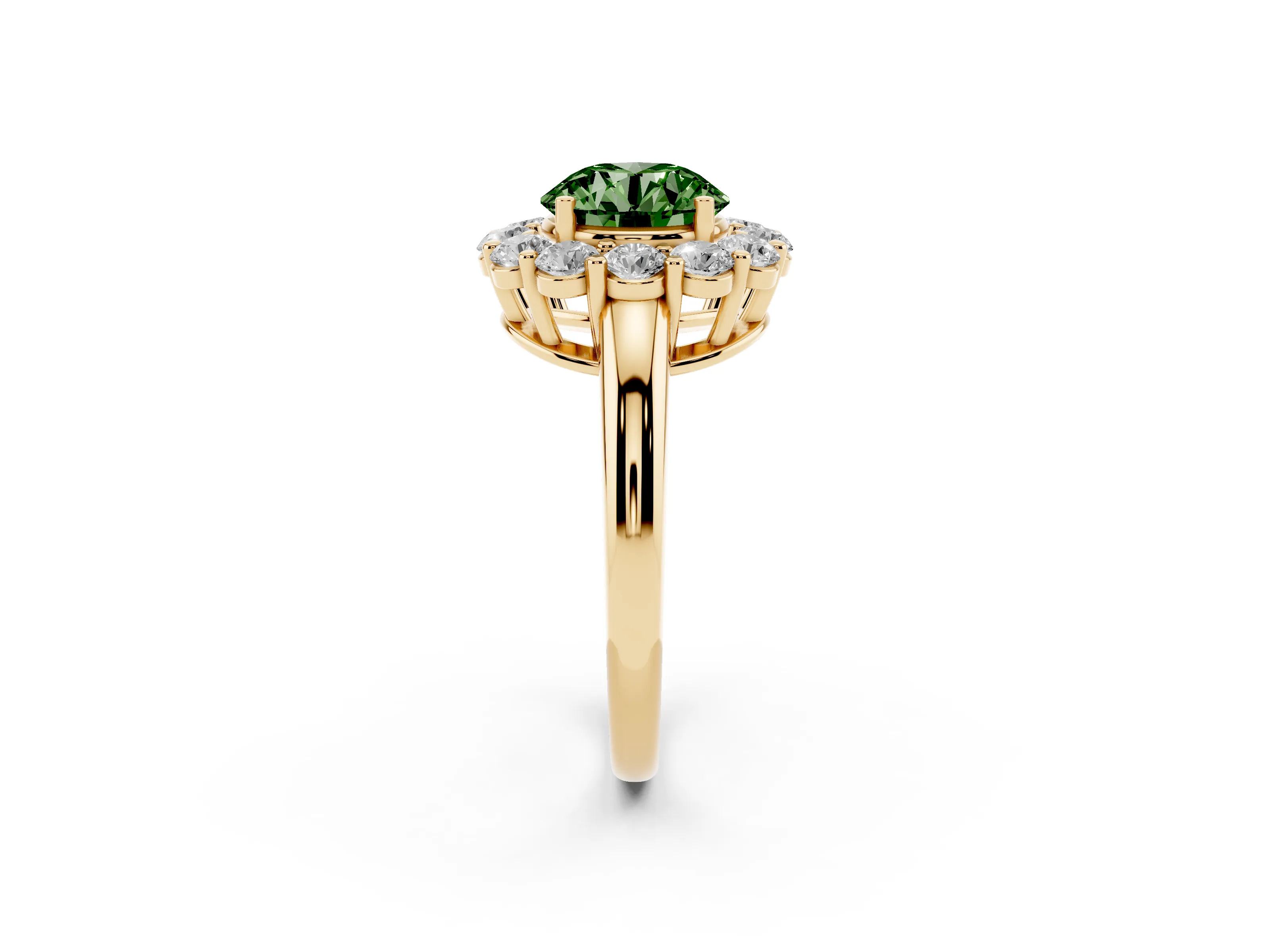 Fancy Green Round Cut Diamond Halo Cluster Engagement Ring Set in Yellow gold with Polished Band and Prong Setting