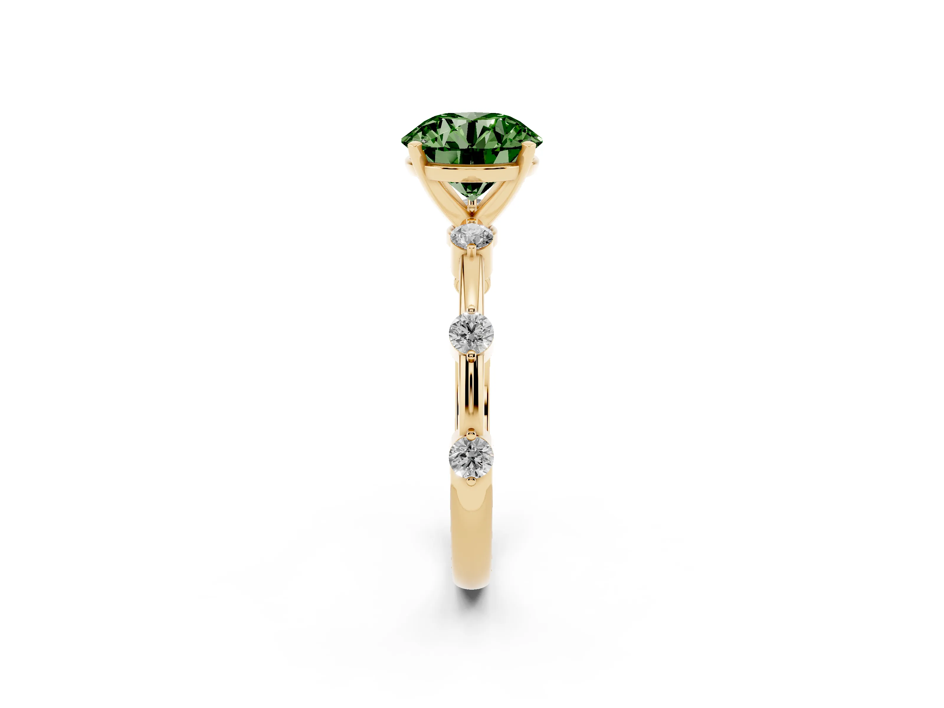 Fancy Green Round Cut Diamond Solitaire Ring Set in Yellow gold with Bezel Set Side Stones and Prong Setting