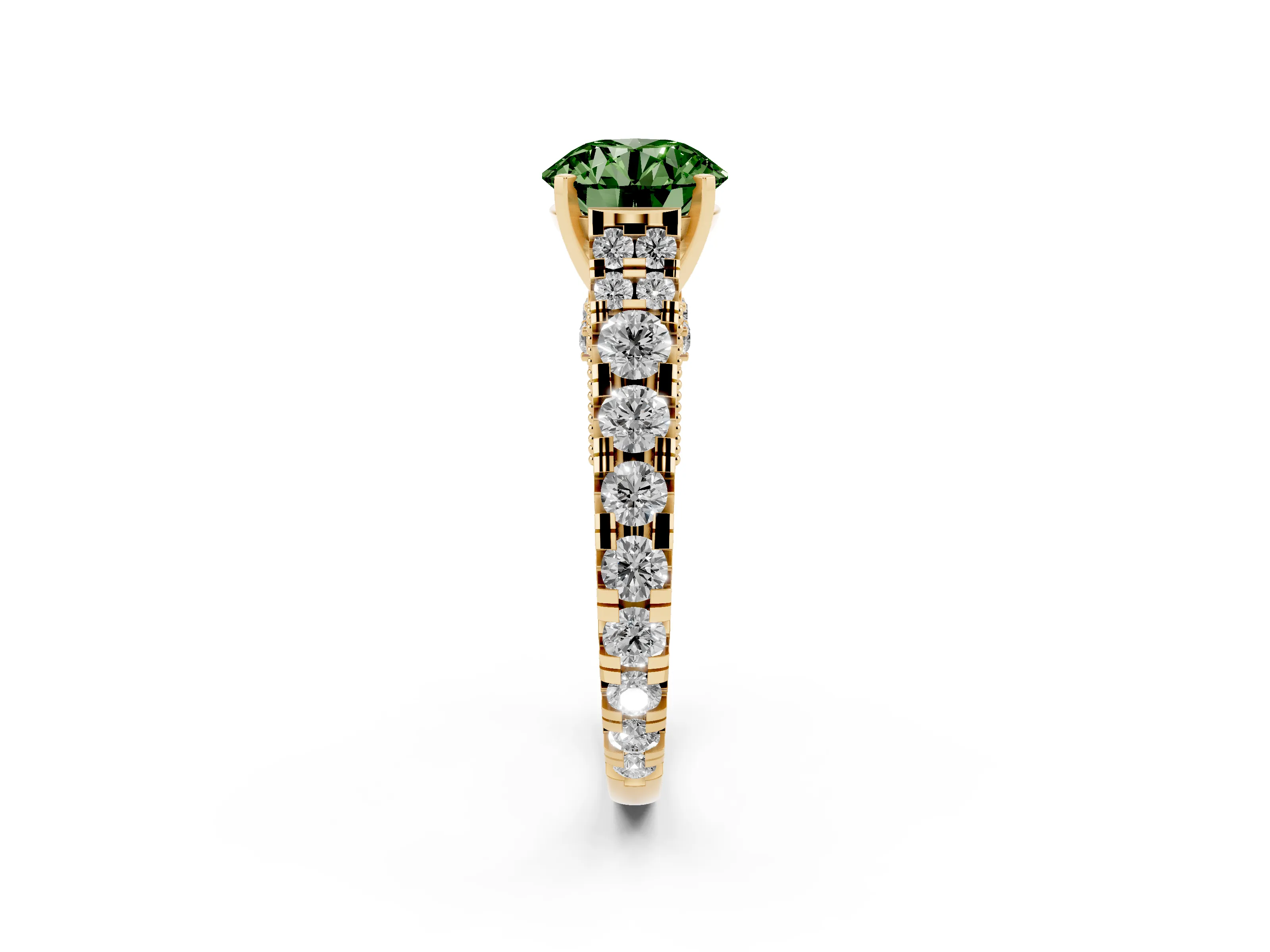 Fancy Green Round Cut Diamond Classic Solitaire Ring Set in Yellow gold with Pavé Band and Prong Setting